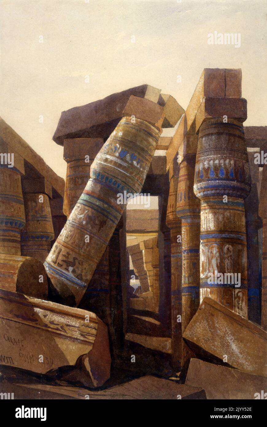 Watercolour; The Hall of Columns at Karnak, Thebes. Egypt. painted in 1839, by William James Muller, (1812 - 1845). Stock Photo