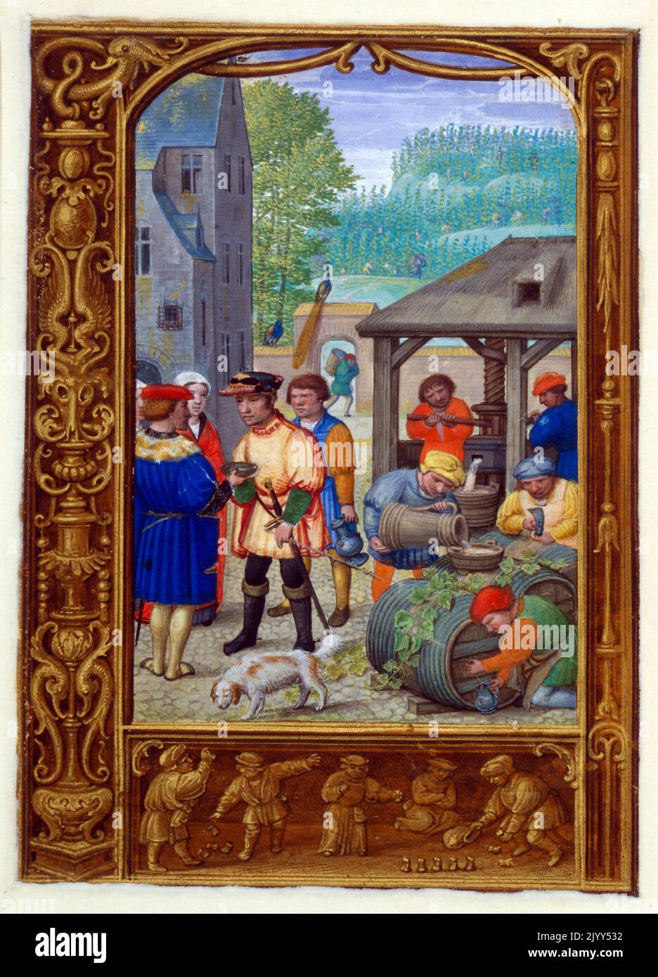 Flemish 16th century, illuminated calendar depicting peasants playing knuckle-bones and skittles in a town square. Stock Photo