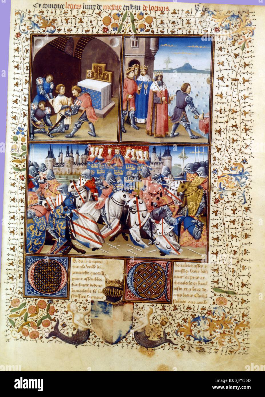 French 15th century illuminated manuscript 'Le Roman de Tristan, La Folie Tristan translated by LUCE DE GAST, 1400 Stock Photo