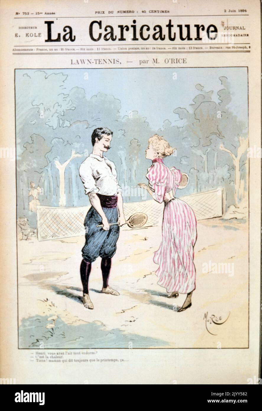 Romantic couple depicted on a tennis themed vintage Illustration circa 1894 Stock Photo