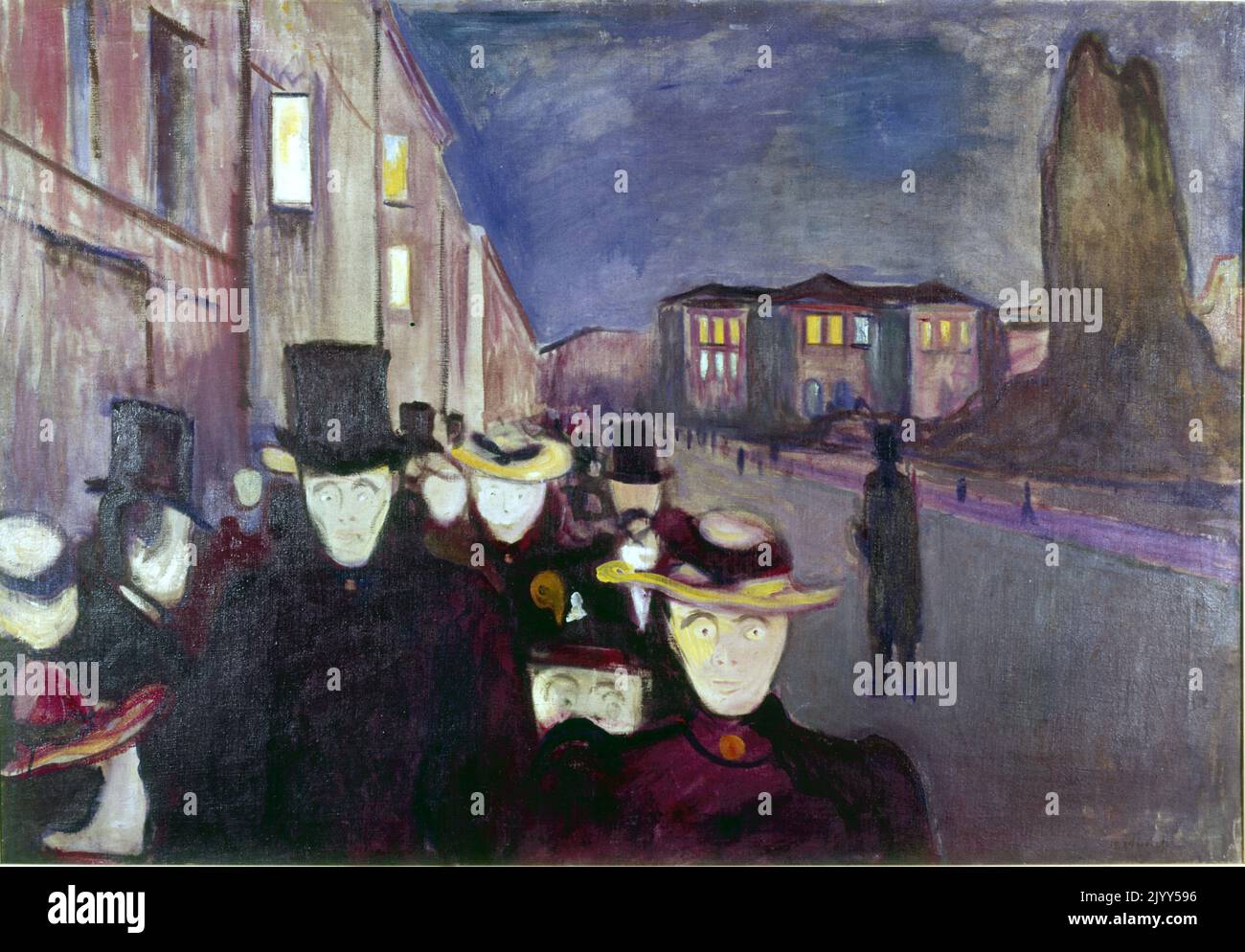 Edvard Munch 'Evening on Karl Johan Street' 1892. Oil on canvas; 1892. Edvard Munch (1863 - 1944); Norwegian painter and printmaker whose intensely evocative treatment of psychological themes built upon some of the main tenets of late 19th-century Symbolism and greatly influenced German Expressionism in the early 20th century. Stock Photo