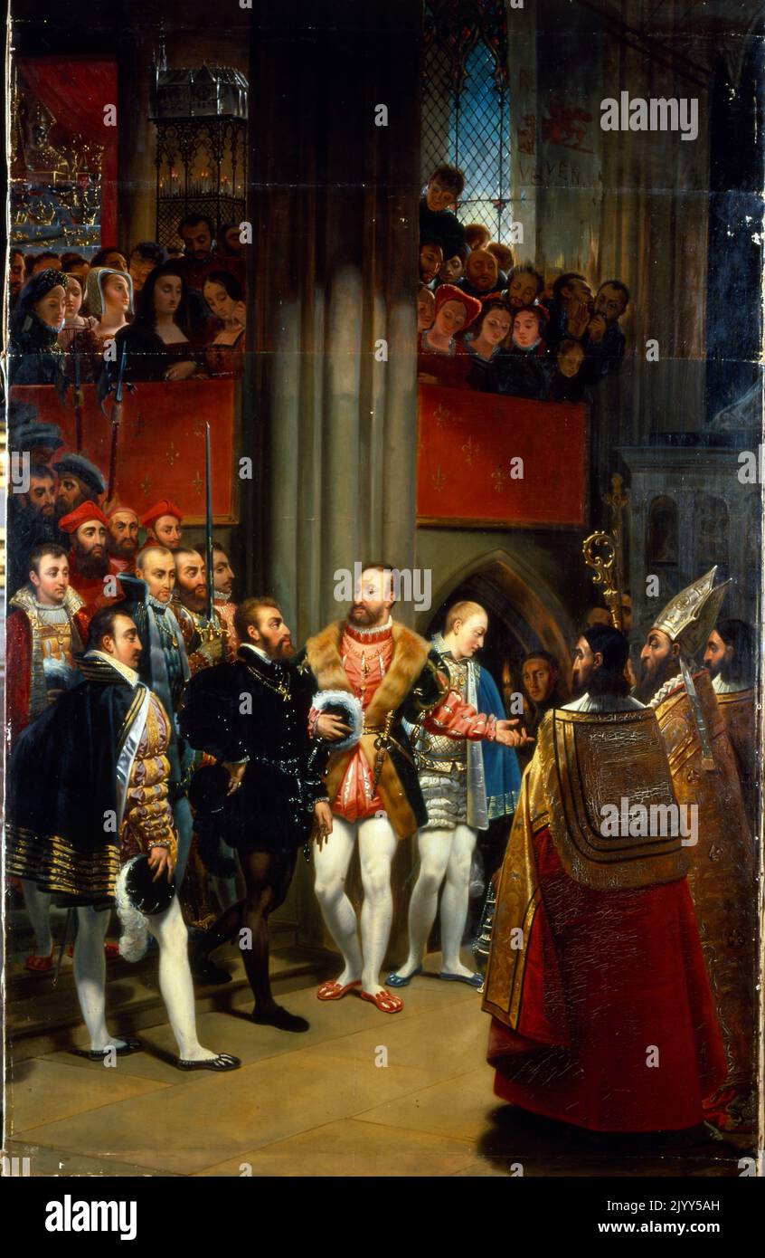 Francois I (1494-1547), King of France from 1515, and Charles V (1500-1558), Holy Roman Emperor from 1519, visiting the tomb of Saint Denis, patron saint of Paris, 13 January 1540. Painting by Norblin, after Anton Jean Gros (1771-1835). Stock Photo