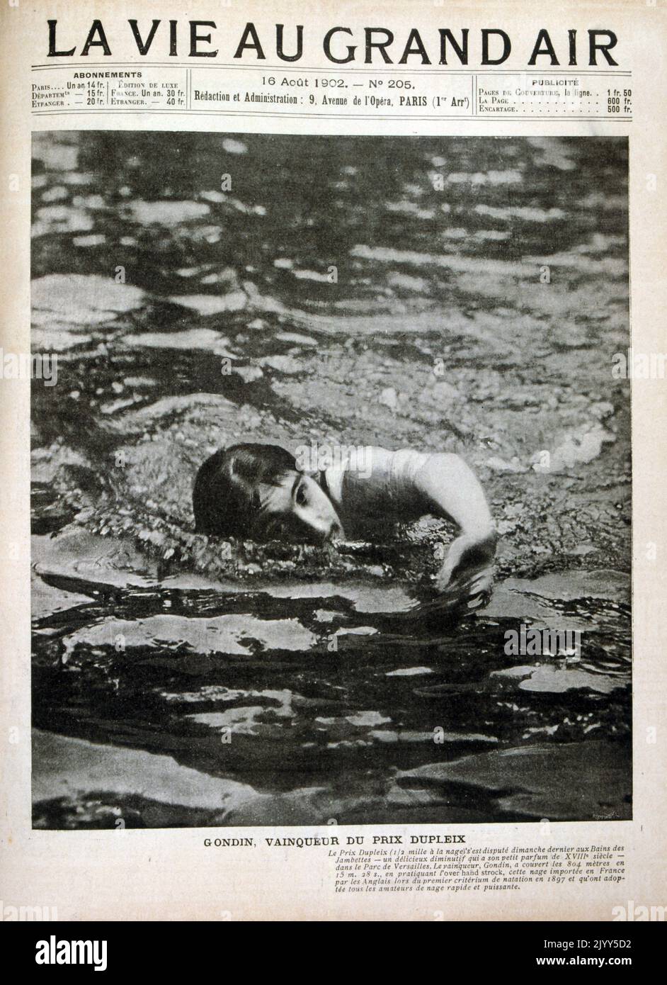 Vintage photograph of a French swimmer called Gondin, in the 1902 Prix Dupleix event. Stock Photo
