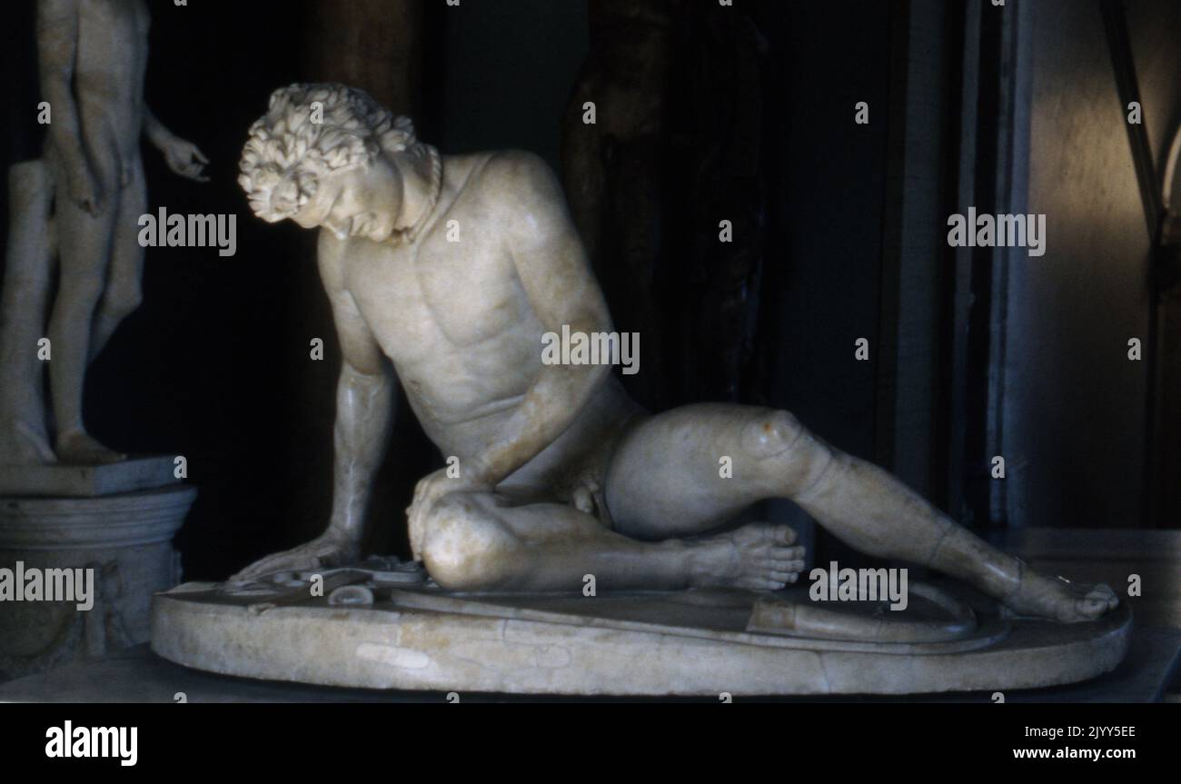 The Dying Gaul, also called The Dying Galatian, or The Dying Gladiator, is an Ancient Roman marble copy of a lost Hellenistic sculpture, thought to have been originally executed in bronze. The original may have been commissioned some time between 230 and 220 BC by Attalus I of Pergamon to celebrate his victory over the Galatians, the Celtic or Gaulish people of parts of Anatolia (modern Turkey). The identity of the sculptor of the original is unknown, but it has been suggested that Epigonus, a court sculptor of the Attalid dynasty of Pergamon, may have been the creator. Stock Photo