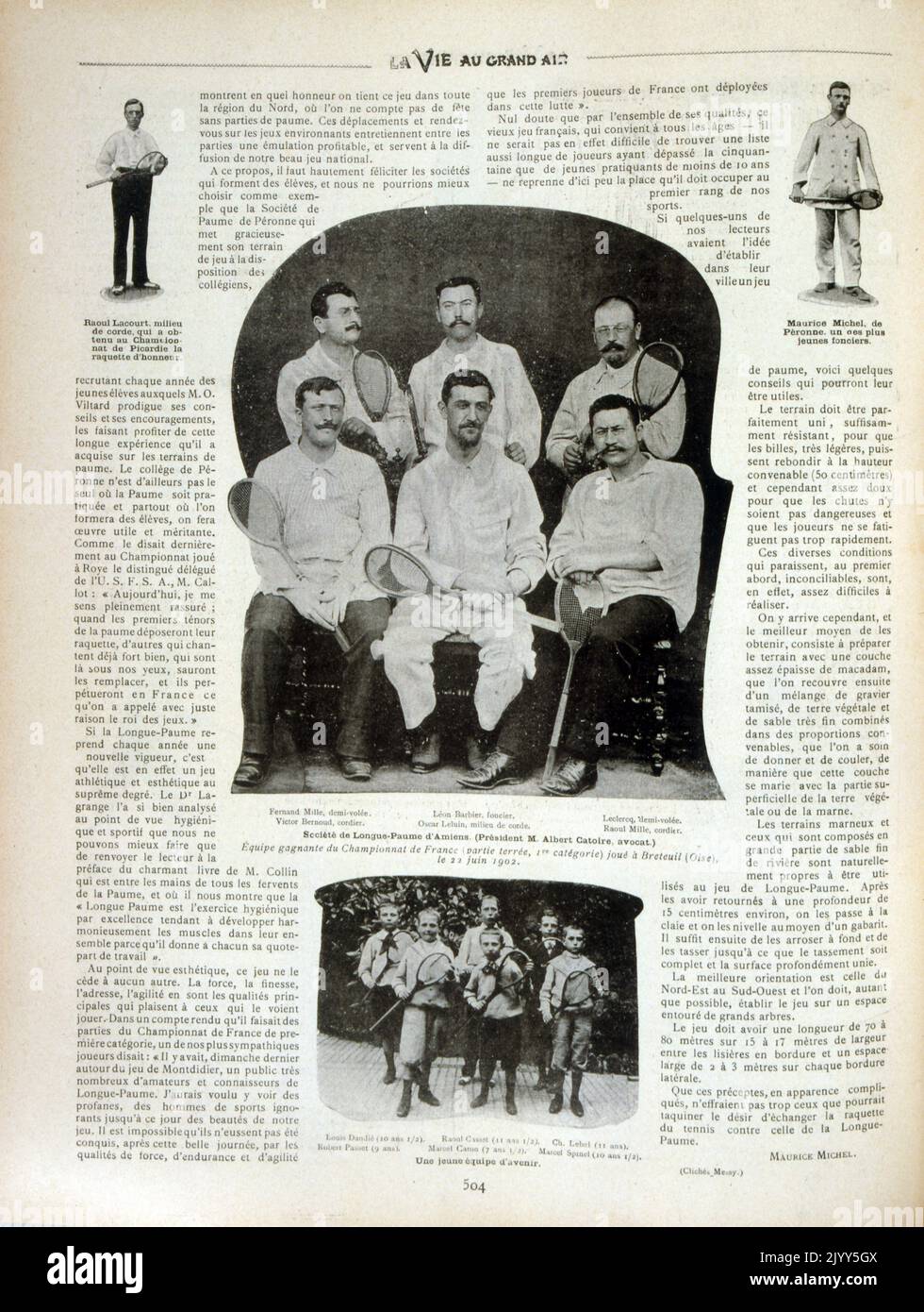 Vintage French Photographs of adult and child players of Longue paume 1902. jeu de paume was a precursor to modern lawn tennis. Hundreds of years ago it was quite popular, particularly in France. It was part of the Paris 1900 Summer Olympics, but not all think that the medals that were awarded for longue paume at that Olympics have full value. Today, the sport is played regionally in Picardie. Stock Photo