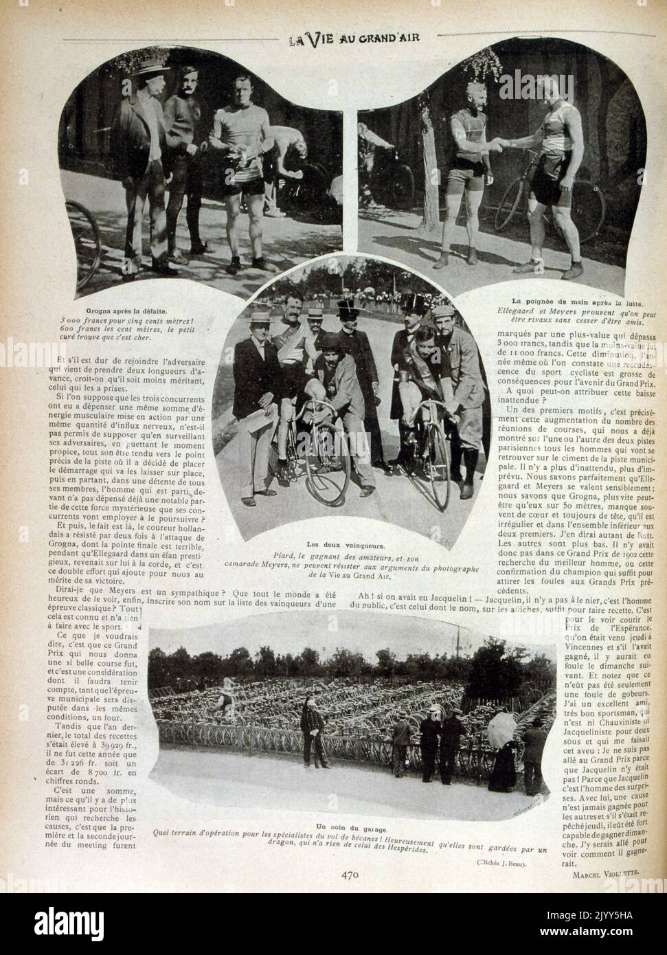 Vintage French Photographic montage of early cyclists gathered for a race, France 1902 Stock Photo