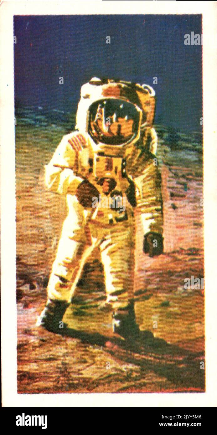 from a series of cards for Brooke Bond Tea; 1973; 'Adventurers & Explorers', illustrated by John ; depicting illustrated colour image of Neil Alden Armstrong (1930-2012), American; colour Illustration of Armstrong on the moon (A series of 50 cards, no. 50). Stock Photo
