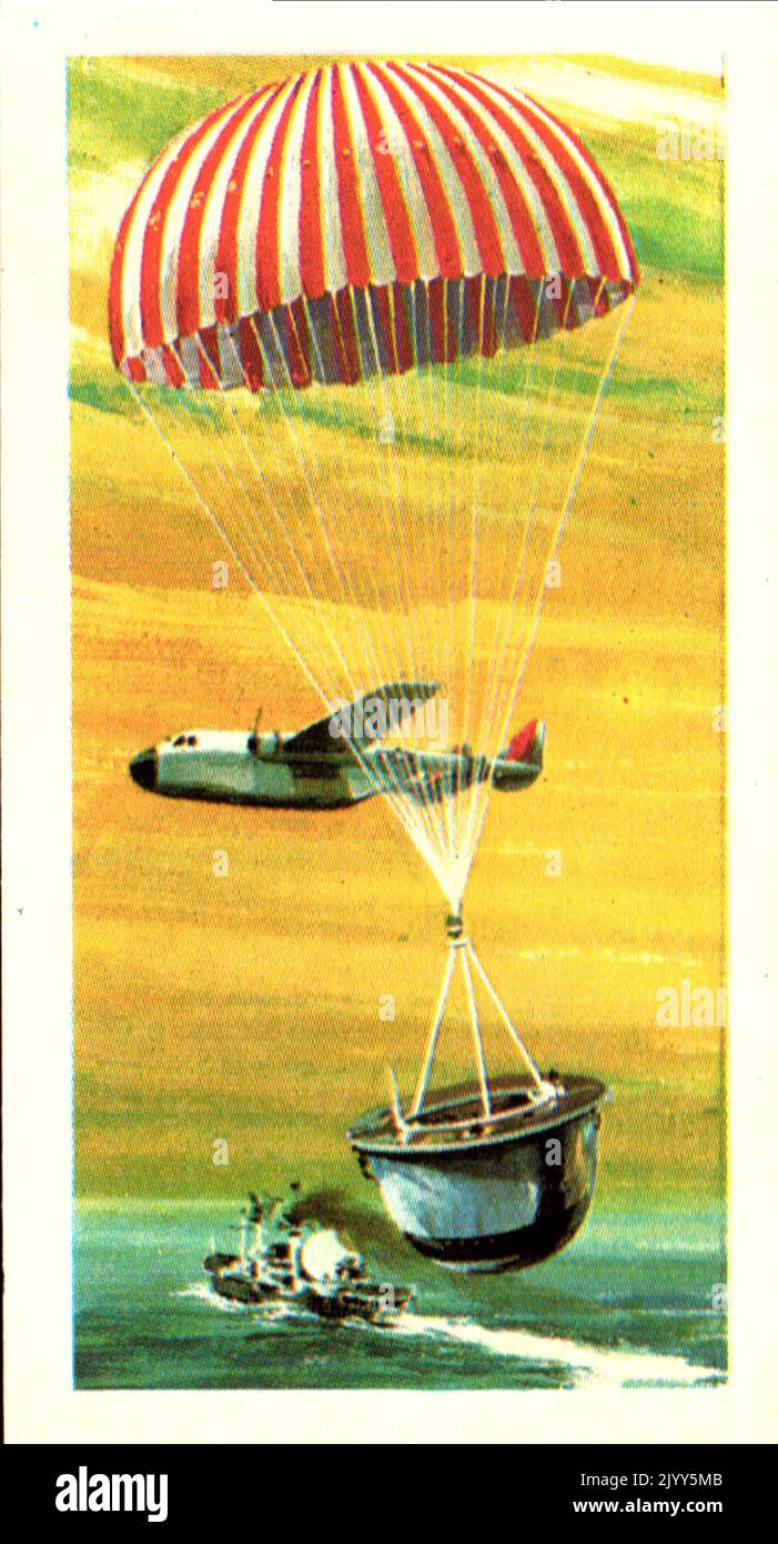 from a series of cards for Brooke Bond Tea; 1973; 'The Race into Space', illustrated by David Lawson; illustrated colour image of Discoverer 1 (A series of 50 cards, no. 3). Stock Photo