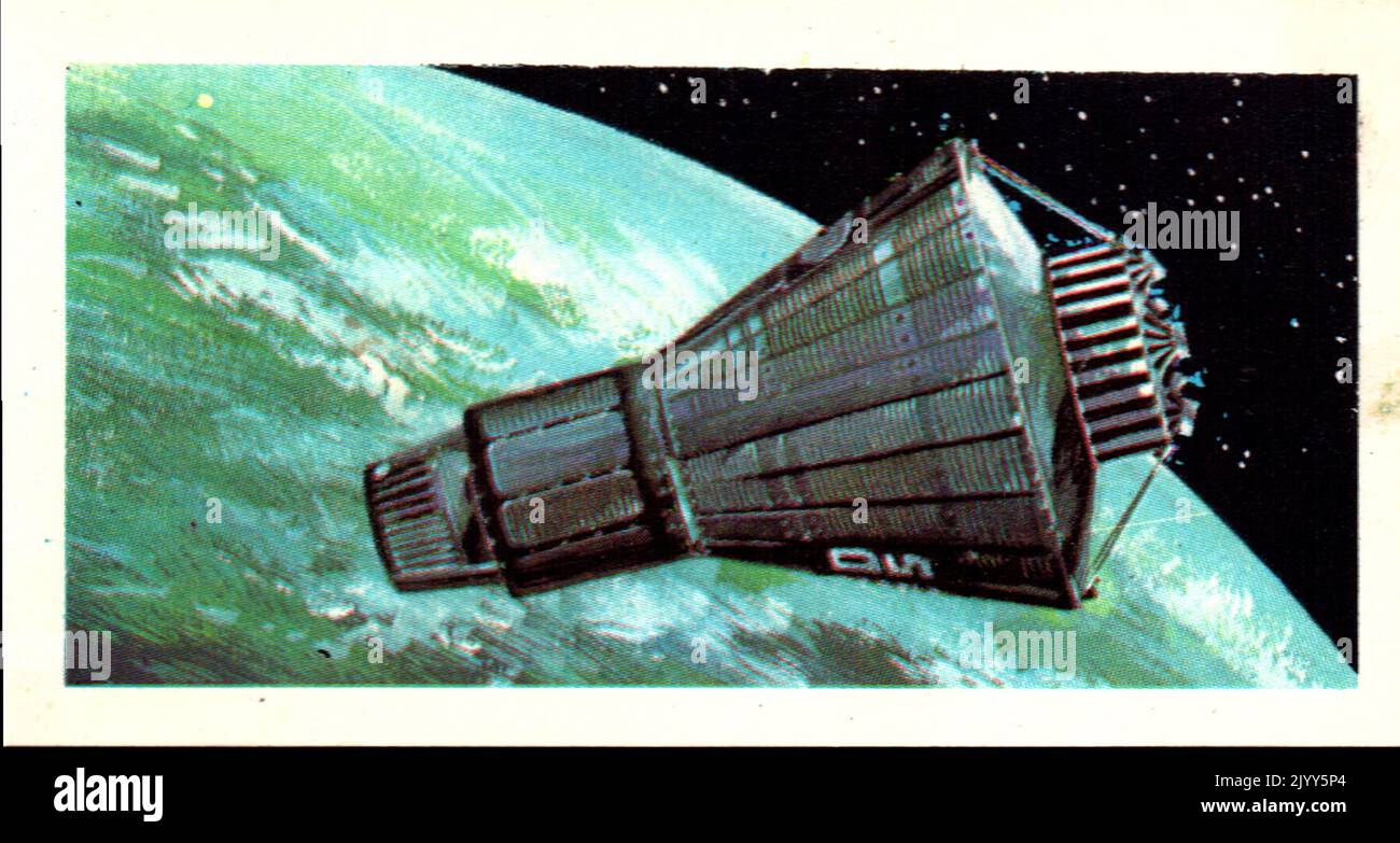 from a series of cards for Brooke Bond Tea; 1973; 'The Race into Space', illustrated by David Lawson; illustrated colour image of the rocket Mercury (A series of 50 cards, no. 8). Stock Photo