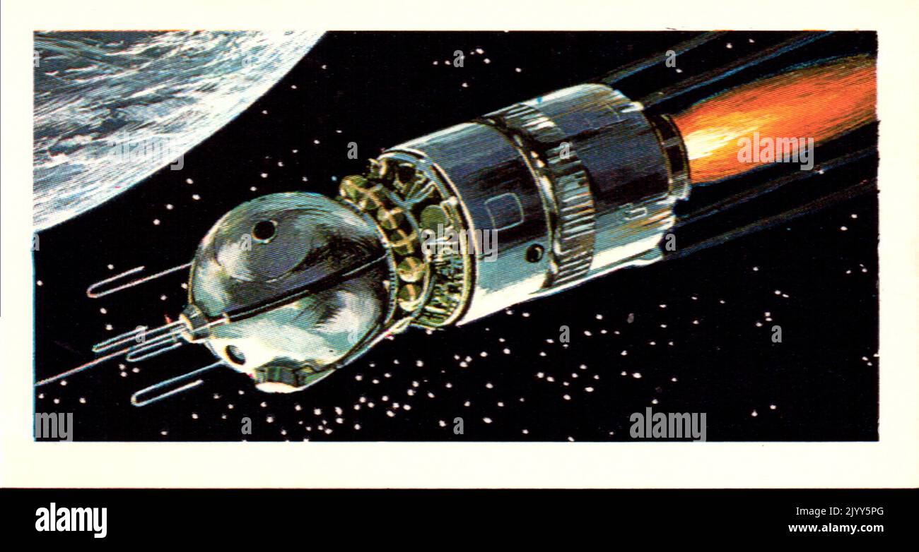 from a series of cards for Brooke Bond Tea; 1973; "The Race into Space", illustrated by David Lawson; illustrated colour image of Russia's space craft Vostok (A series of 50 cards, no. 6). Stock Photo