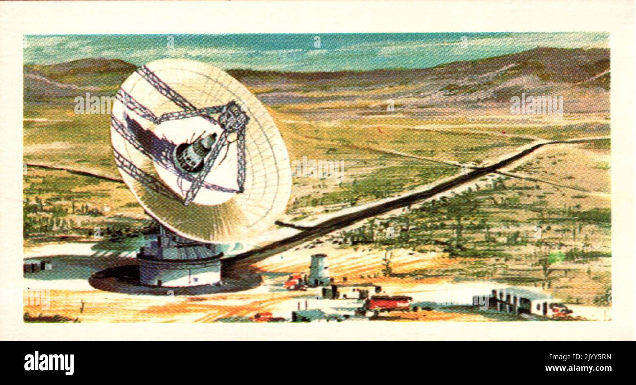 from a series of cards for Brooke Bond Tea; 1973; 'The Race into Space', illustrated by David Lawson; illustrated colour image of the Gold Stone Mars Station, built by NASA for deep space tracking (A series of 50 cards, no. 28). Stock Photo
