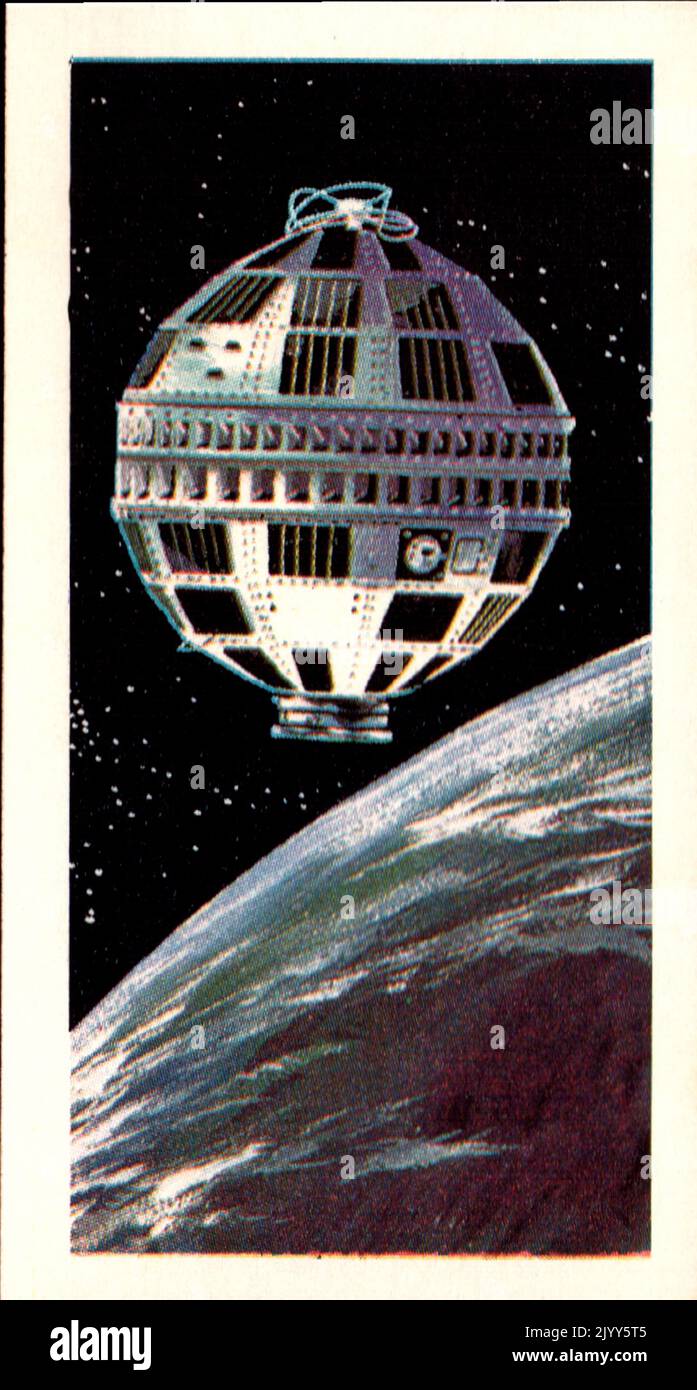 from a series of cards for Brooke Bond Tea; 1973; 'The Race into Space', illustrated by David Lawson; illustrated colour image of pioneering satellite Telstar I (A series of 50 cards, no. 11). Stock Photo