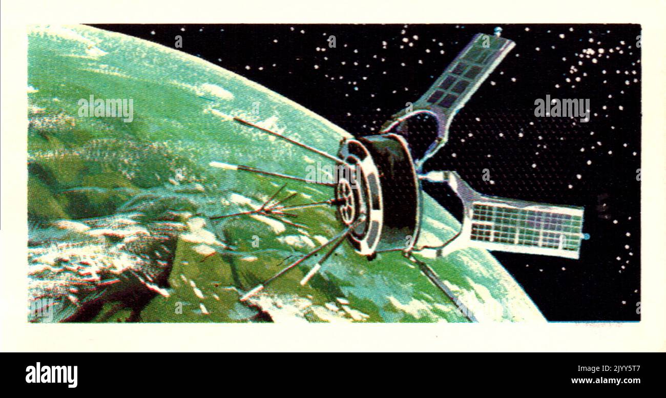 from a series of cards for Brooke Bond Tea; 1973; 'The Race into Space', illustrated by David Lawson; illustrated colour image of Asterix-Diademe, French satellite (A series of 50 cards, no. 38). Stock Photo