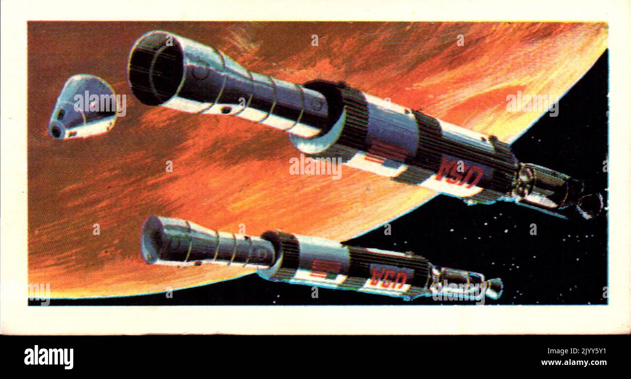 from a series of cards for Brooke Bond Tea; 1973; 'The Race into Space', illustrated by David Lawson; illustrated colour image of the Manned Flight to Mars, America's plan for a manned expedition to Mars launched in 1981 (A series of 50 cards, no. 50). Stock Photo