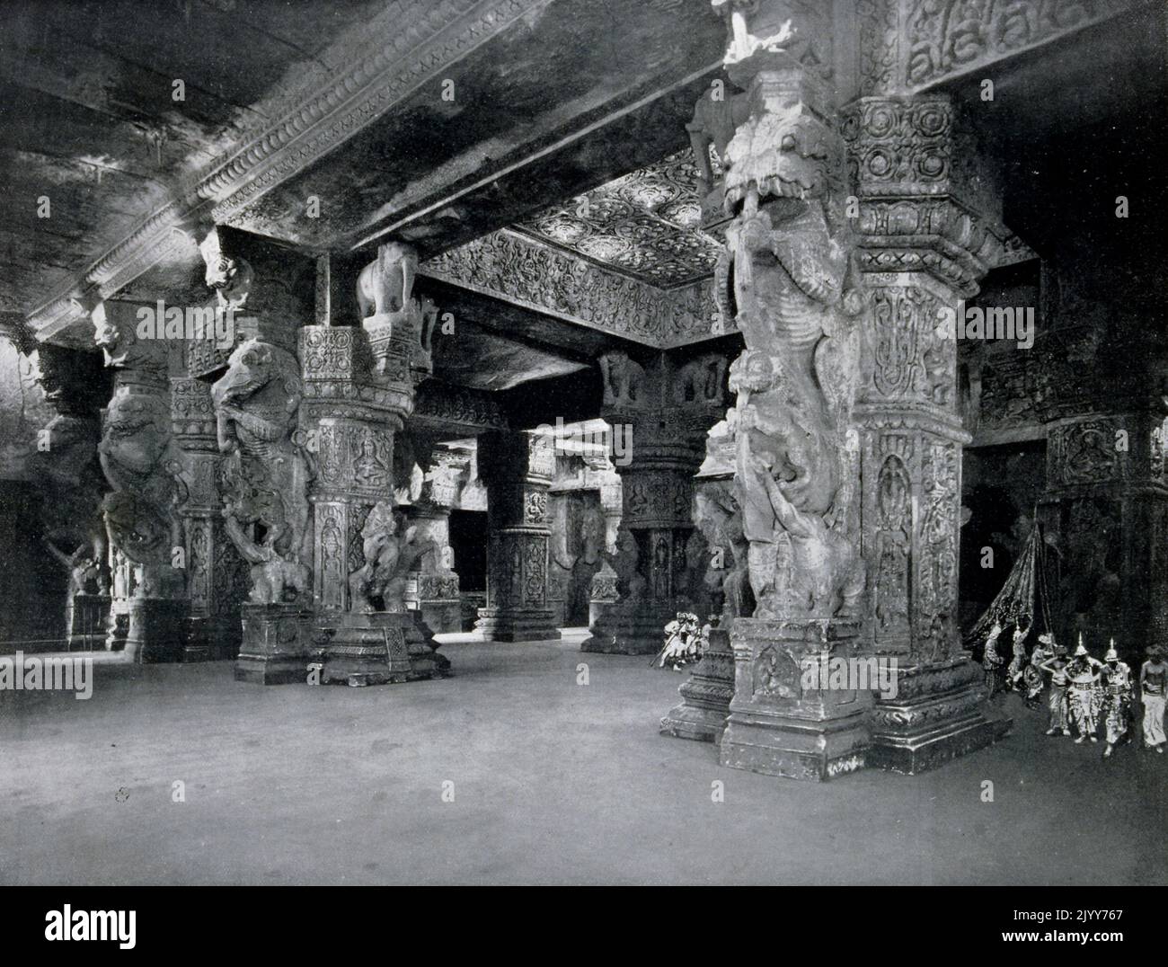 Exposition Universelle (World Fair) Paris, 1900; black and white photograph of an interior perspective of the Cambodian Exhibit; the Khmer Temple. Stock Photo