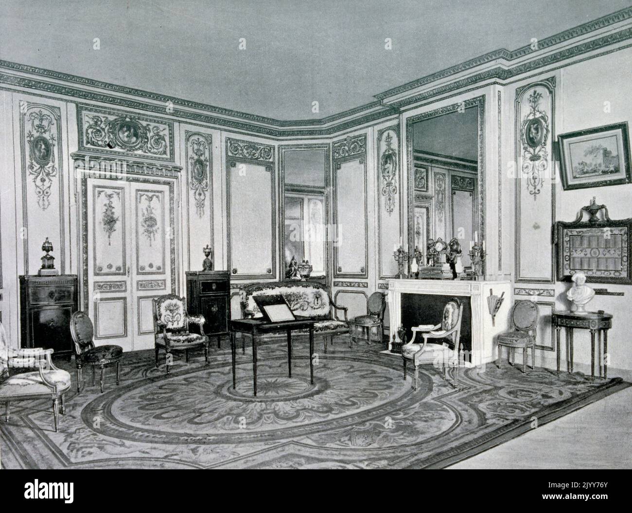 Black and white photograph; Centenary Exhibition of Furniture - the Room of Louis XVI. Stock Photo