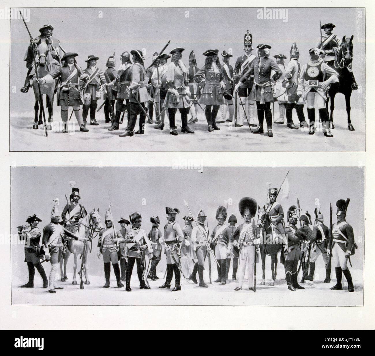 Exposition Universelle (World Fair) Paris, 1900; black and white split image showing a display of men in military uniforms at the exhibit of the history of the German military. The uniforms are from 1680 to 1807. Stock Photo