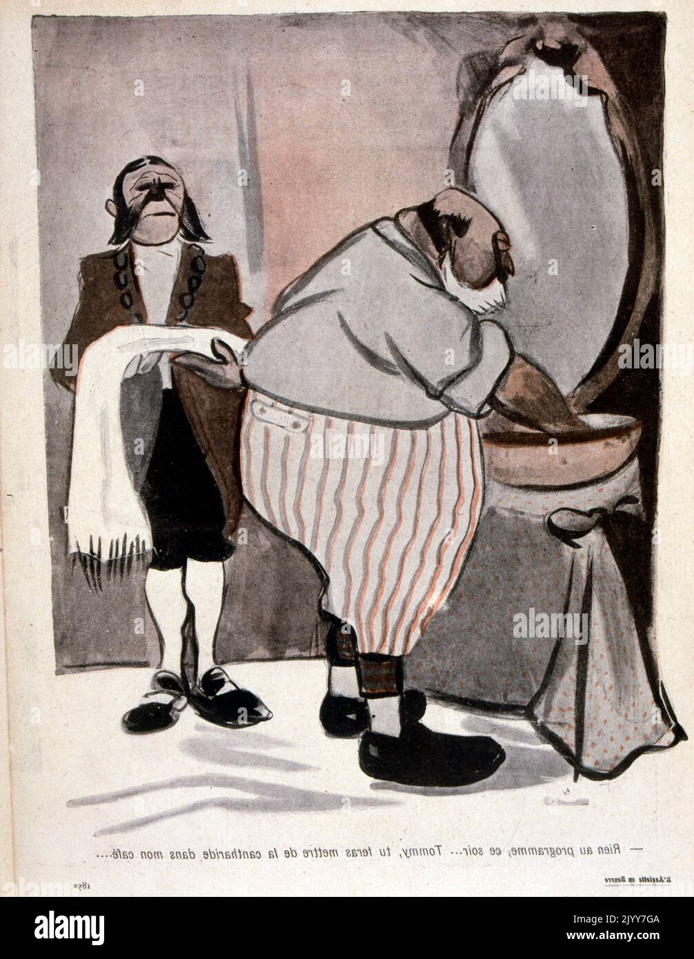 In L'Assiette au Beurre satirical magazine; Coloured satirical drawn image of the front cover. A fat English king washing in a bain waited upon by a servant resembling a monkey Stock Photo