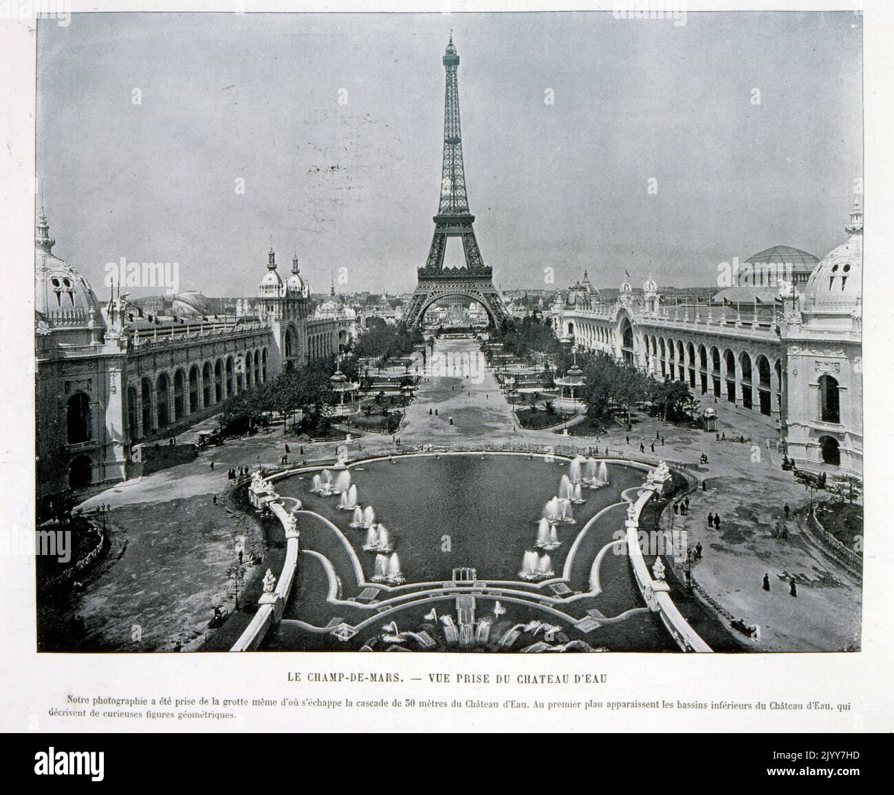 Exposition Universelle (World Fair) Paris, 1900; black and white photograph; Le Champ-de-Mars; view of the Eiffel Tower taken from the Chateau d'Eu. Stock Photo
