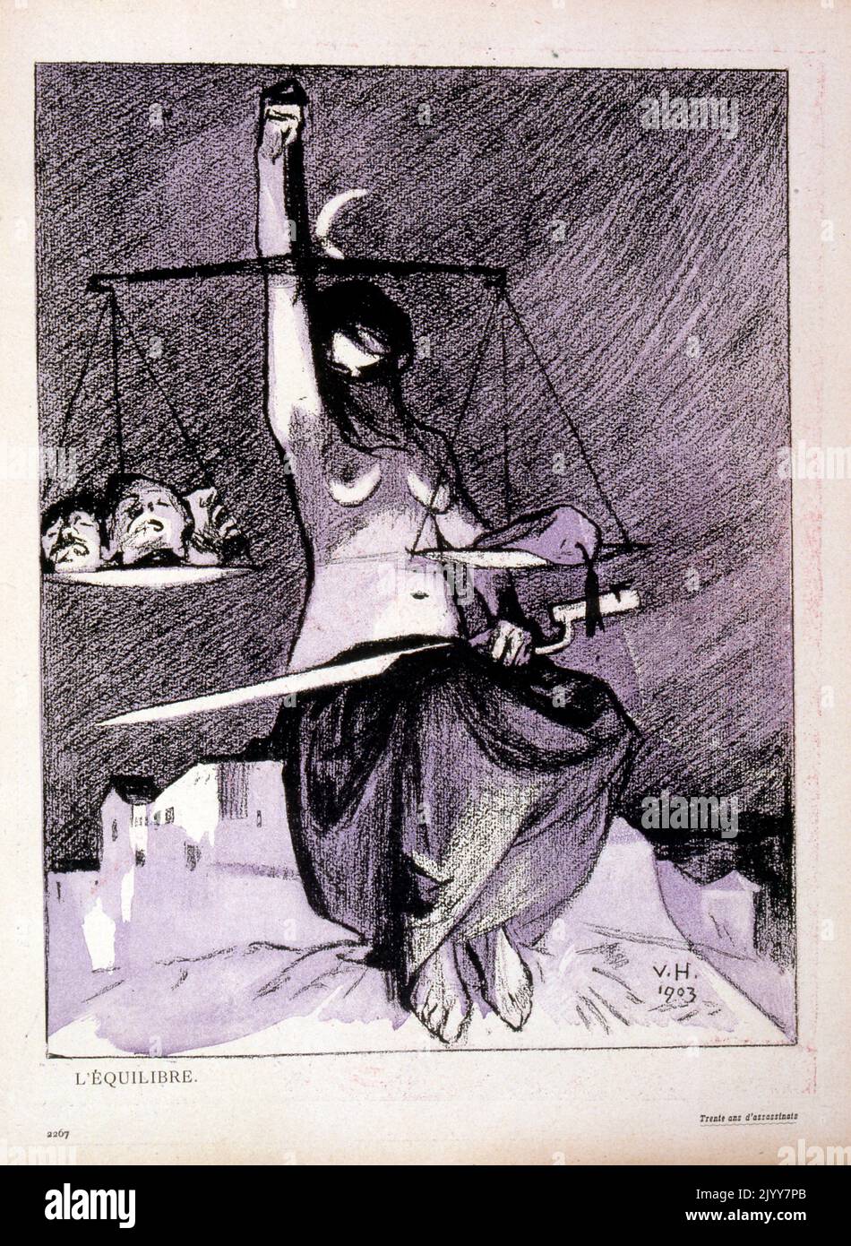 Black and white Illustration from the book Trente ans d'assassinates by V.H. (1903). Scales of justice holds the decapitated heads of men on one weight and a bag of money on the other; Lady Justice has sword in hand. Stock Photo