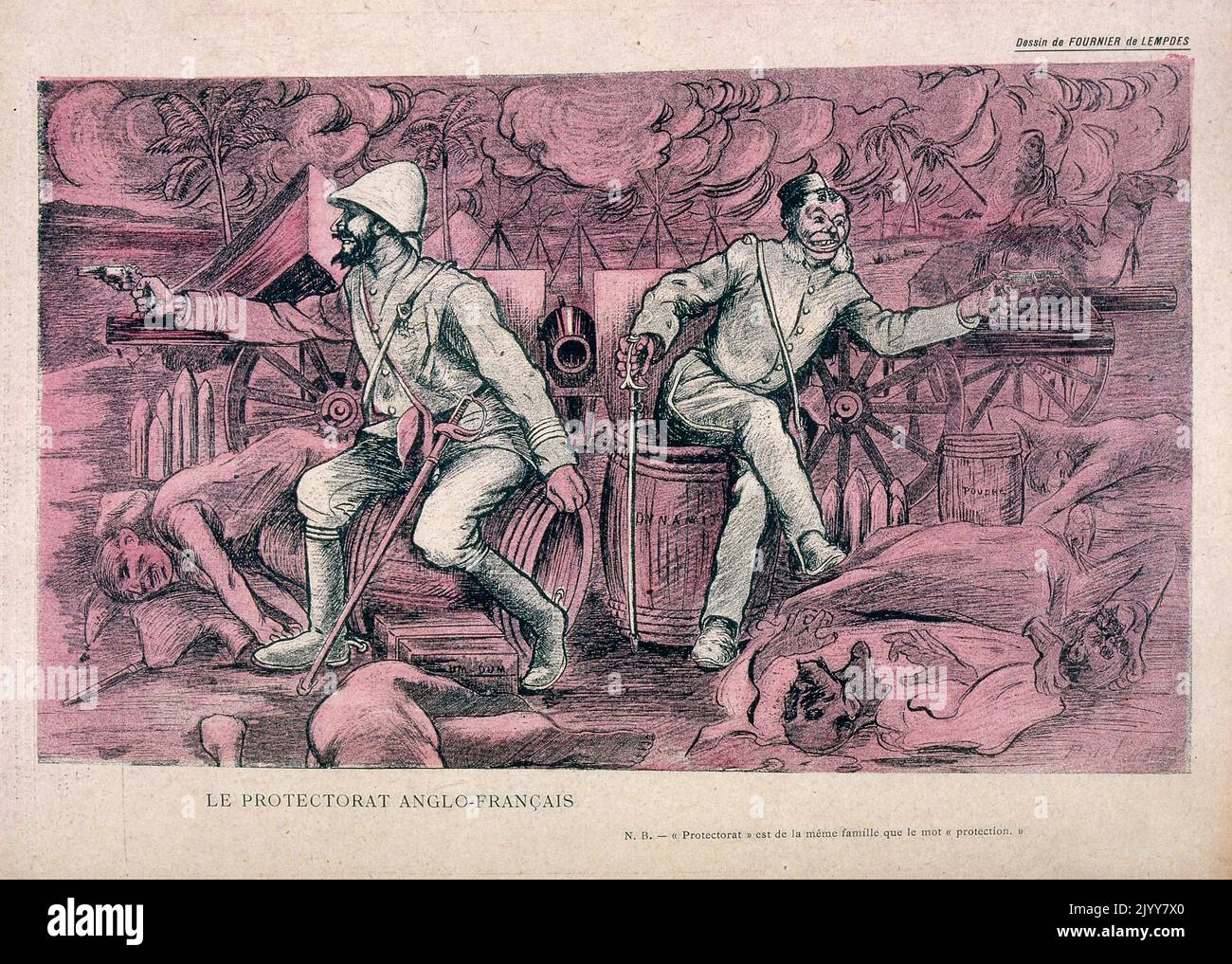 In L'Assiette au Beurre satirical magazine; Edition: Black Masses. Coloured Illustration: Dead bodies surround the English and French officers. Caption: The Anglo-French Protectorate- subtitle the word comes from the root 'protection'. Stock Photo