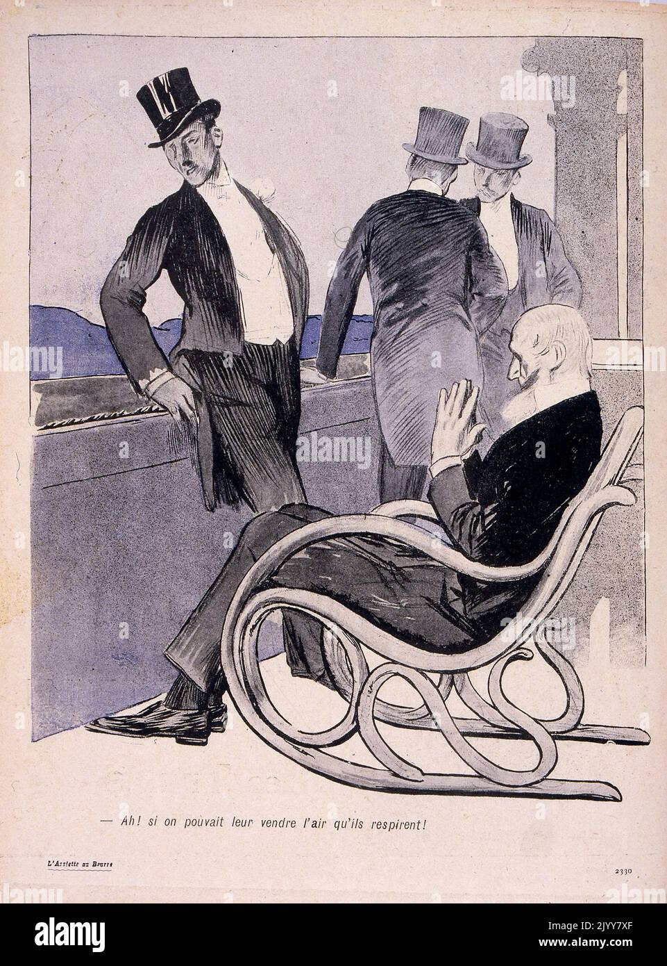 In L'Assiette au Beurre satirical magazine; Edition: The Trusts: Coloured Illustration; Satirical Illustration depicting an old man reclining in his rocking chair rubbing his hands; ' And if one could only sell them the air that they breathe!' Stock Photo