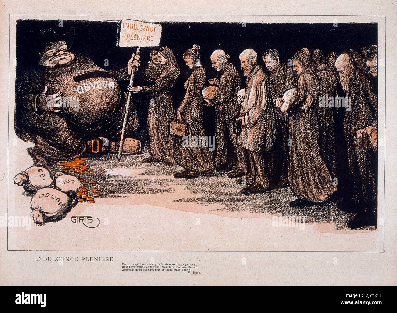 In L'Assiette au Beurre satirical magazine; Coloured Illustration of a fat priest with a stomach resembling a piggy bank. The poor line up to put money in the slot. Entitled: Plenary Indulgences: a quote from Victor Hugo. Stock Photo