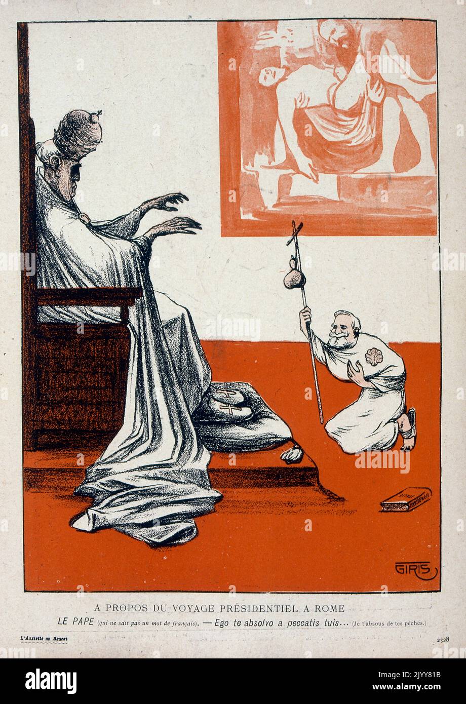 In L'Assiette au Beurre satirical magazine; Coloured Illustration About a presidential trip to Rome. The old pope is seated on his throne and declare that he absolves the sins of the bowing man before him. The caption notes that the Pope does not understand a word of French. Stock Photo