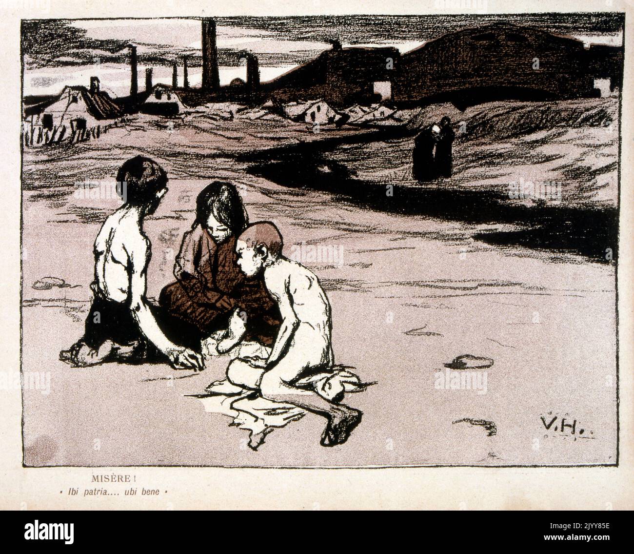 In L'Assiette au Beurre satirical magazine; colour drawing of three children playing in a waste land, signed V.H. and entitled 'Misery'. Stock Photo