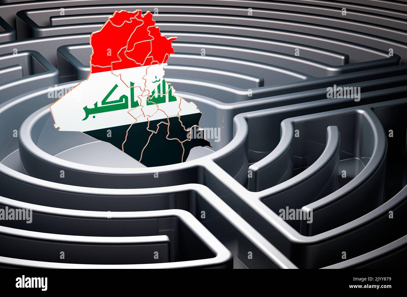 Iraqi map inside maze, 3D rendering Stock Photo