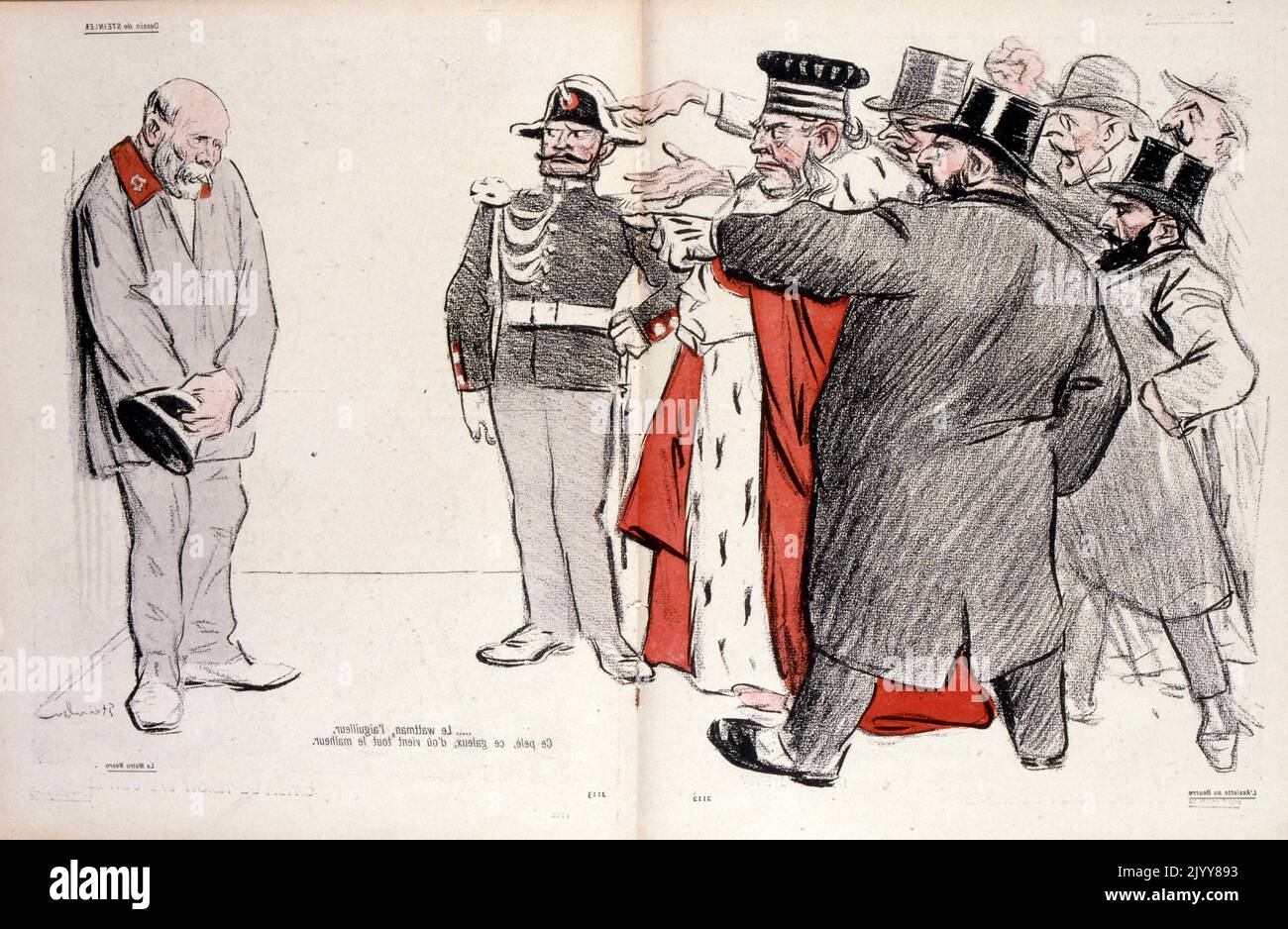 In L'Assiette au Beurre satirical magazine; colour drawing of a man cowering in the corner while the king and his entourage point angrily at him Stock Photo
