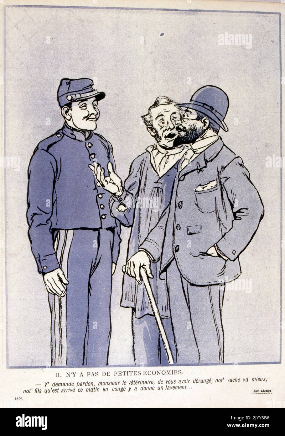 In L'Assiette au Beurre satirical magazine; colour drawing of a vet talking to a man in uniform and a well-dress man saying 'The cow is better this morning'. There is a new-born calf. Stock Photo