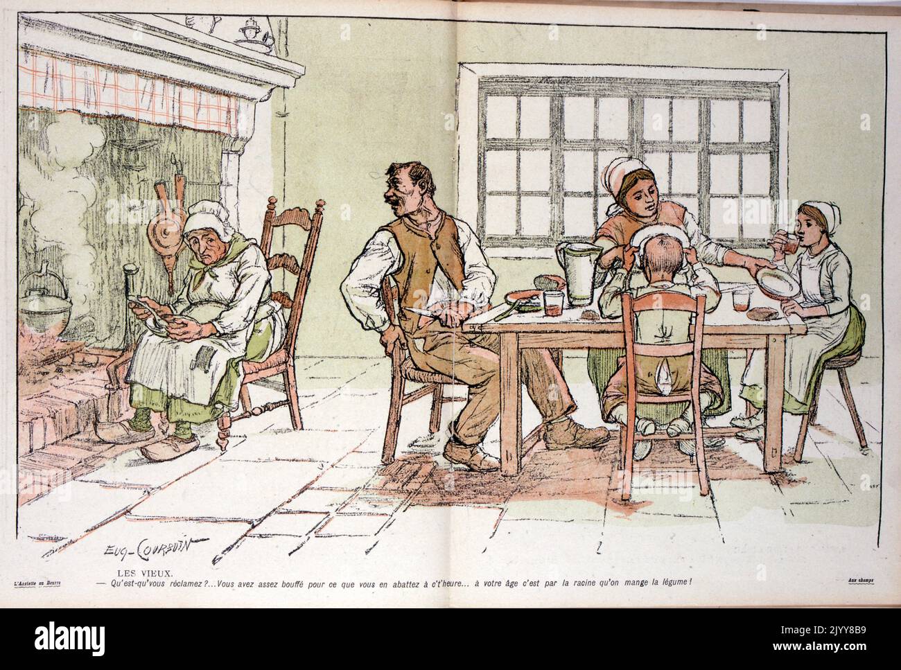 In L'Assiette au Beurre satirical magazine; colour drawing of a family around a table in a simple house. A man tells the old lady that she shouldn't be asking for too much at her age. Entitled 'Old Age'. Stock Photo