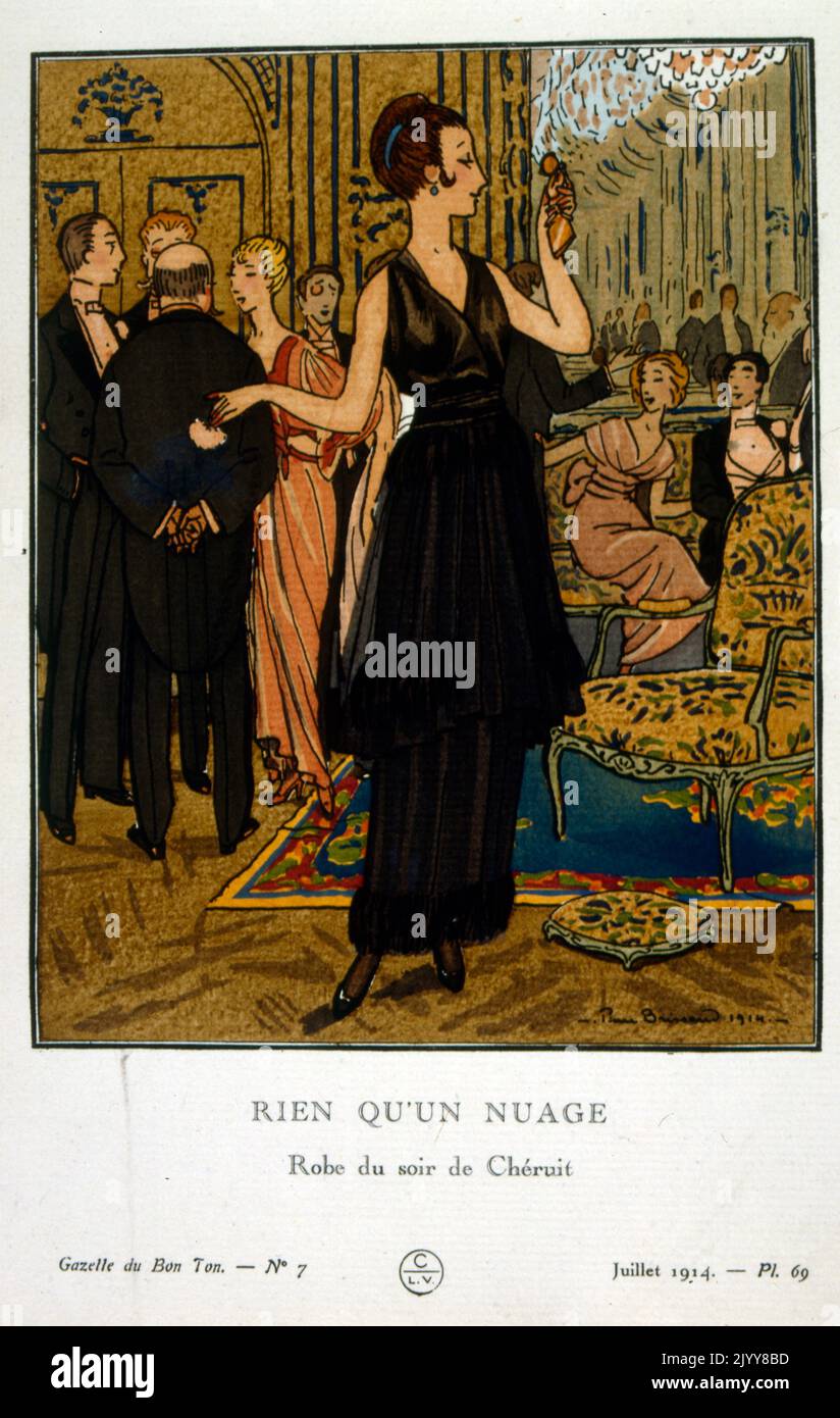 A coloured Art Nouveau (Modernist) Illustration dated July 1914; image of a woman standing at a party entitled 'Nothing but a cloud'. She is wearing a Cheruit evening gown. Stock Photo