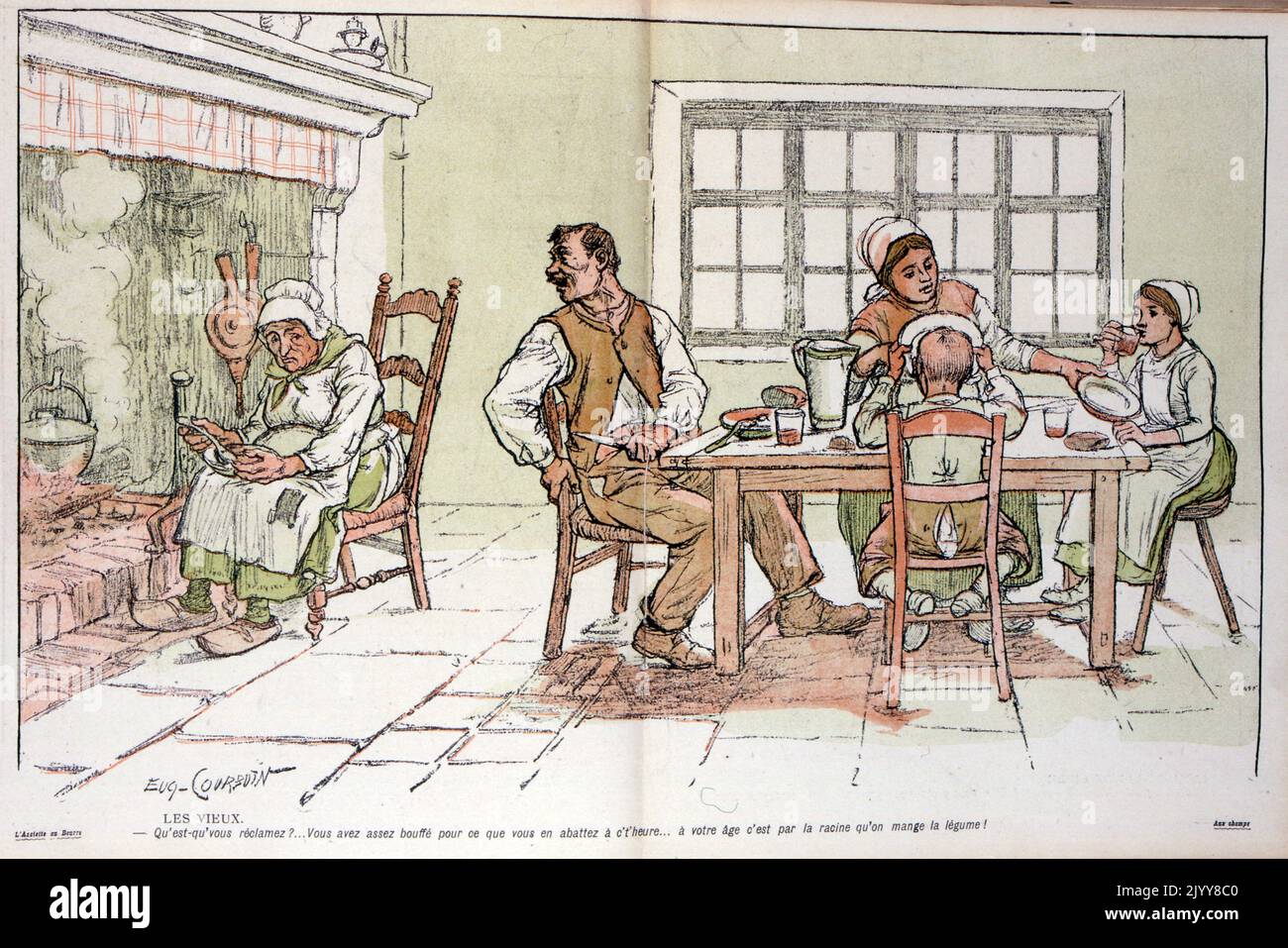 In L'Assiette au Beurre satirical magazine; colour drawing of a family around a table in a simple house. A man tells the old lady that she shouldn't be asking for too much at her age. Entitled 'Old Age'. Stock Photo