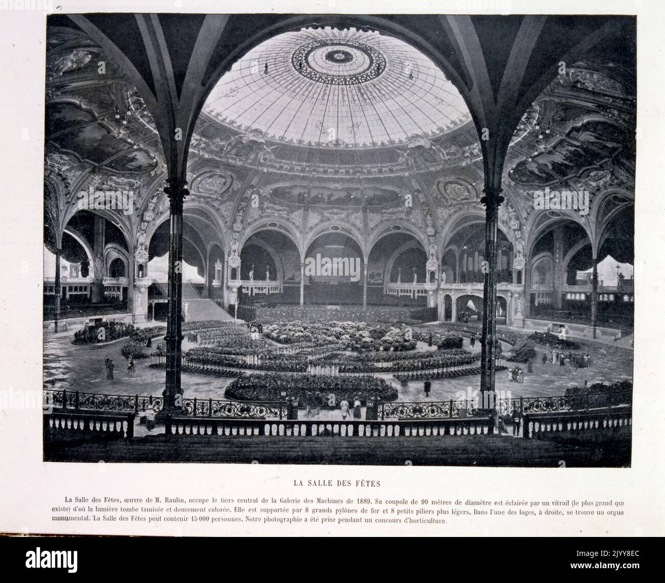 Exposition Universelle (World Fair) Paris, 1889; A black and white photograph of the interior of the Festival Hall, which also held the gallery of machines. An 1889 exhibition in Paris. Stock Photo