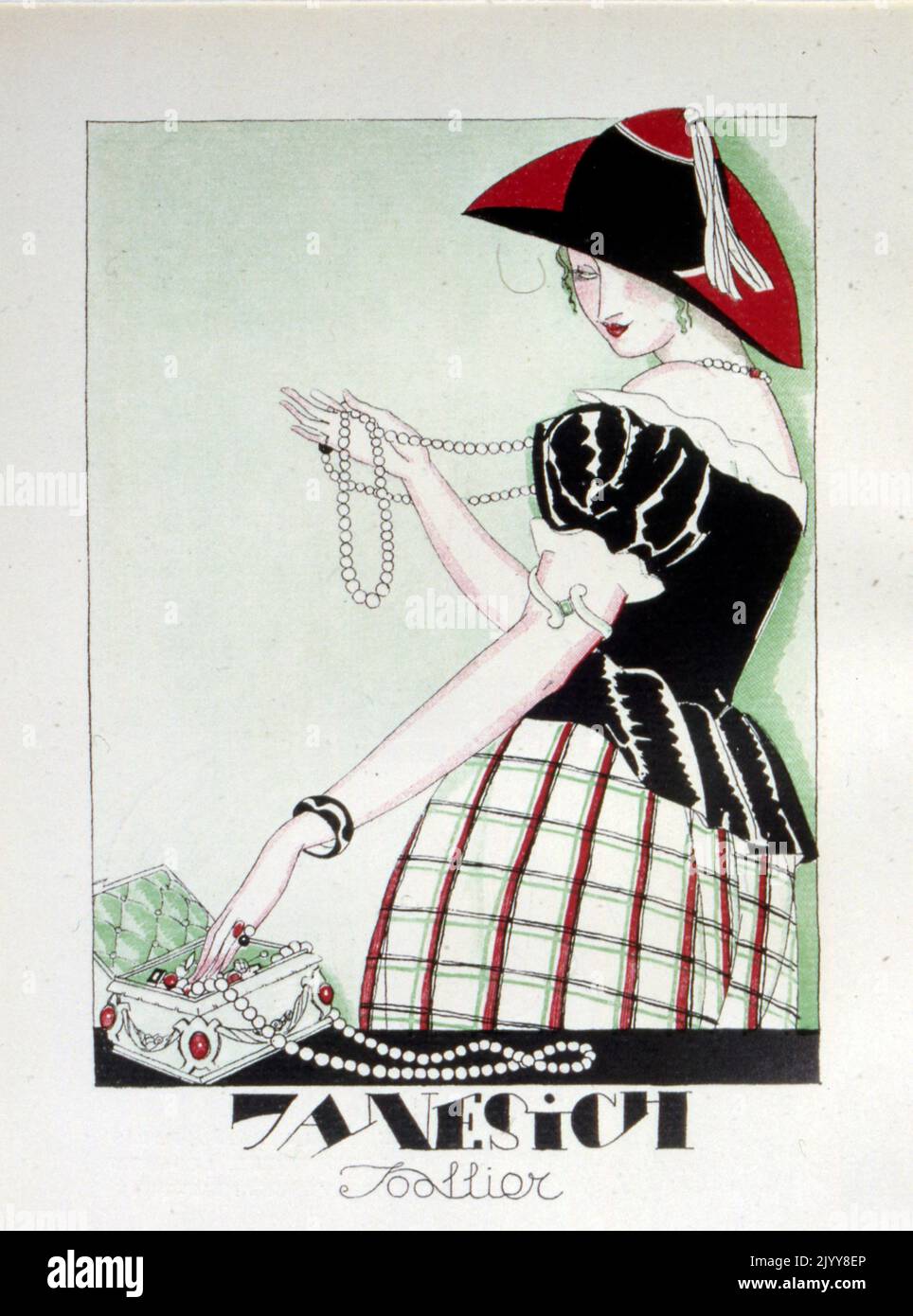 A coloured picture of a lady with pearls advertised by the company Janesich, fodllier. Stock Photo