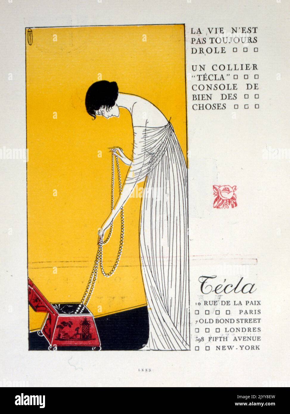 A coloured drawing of a lady pulling a long string of pearls from a jewellery box entitled 'Life is not always happy; a Tecla necklace can console things' Advertised by Tecla on Rue de la Paix, Paris. Stock Photo