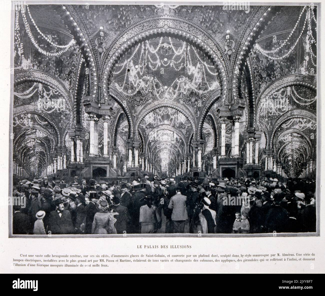 Exposition Universelle (World Fair) Paris, 1889; a black and white photograph of the interior light show at the Palace of Illusions. Stock Photo