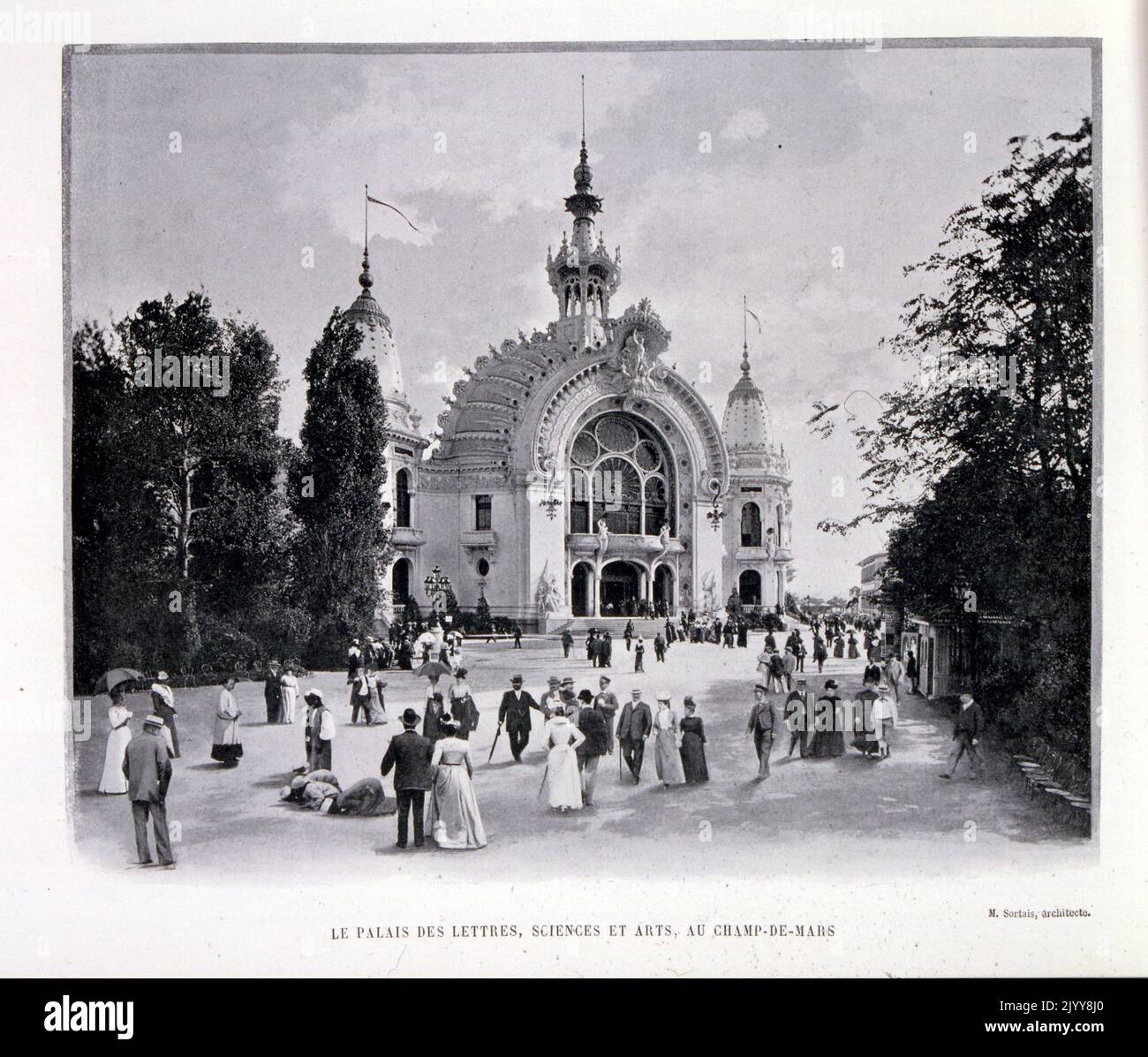 Exposition Universelle (World Fair) Paris, 1889; a black and white photograph of the Palace of Literature, Science and Arts in the Champs de Mars. Stock Photo