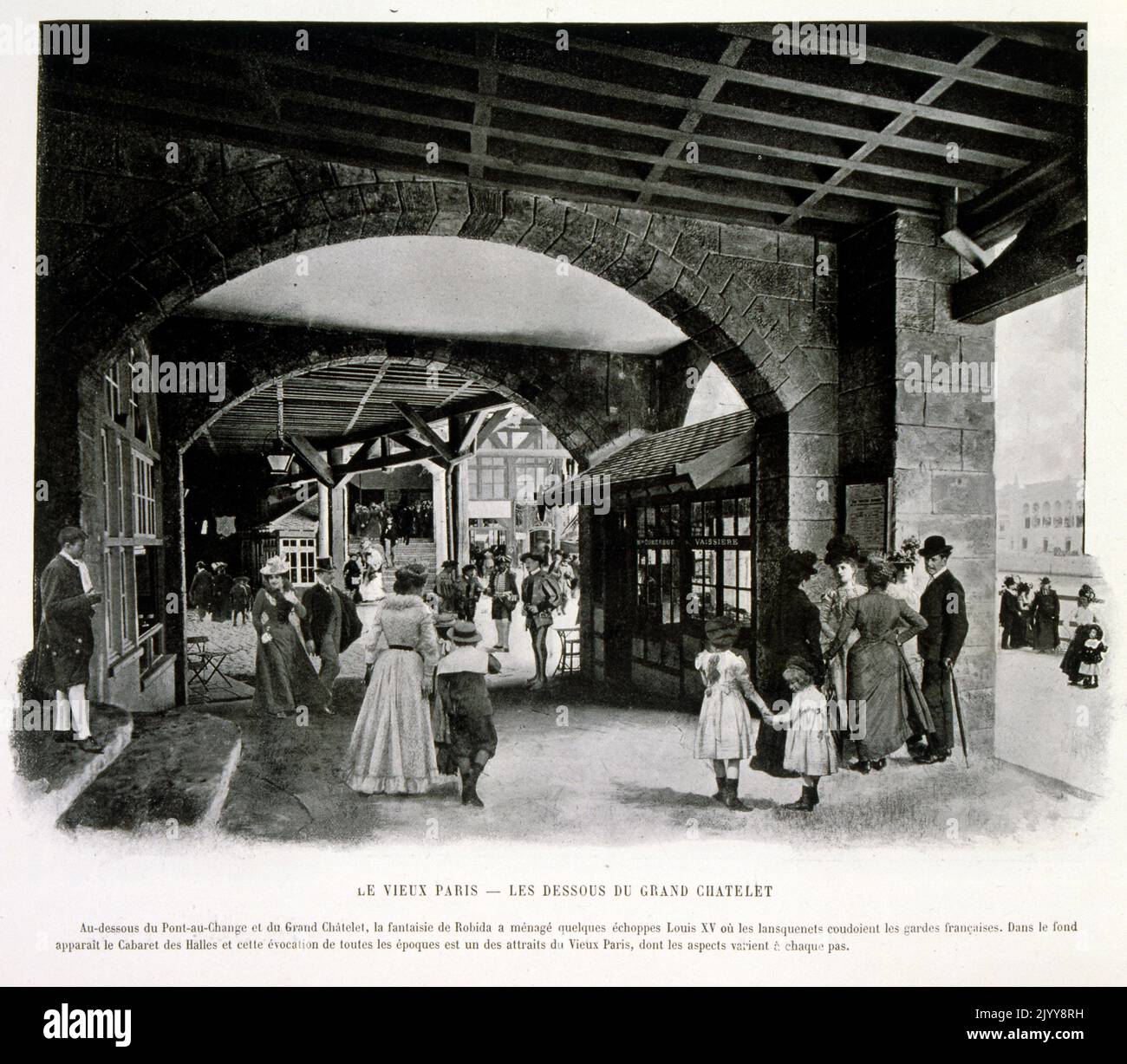 Exposition Universelle (World Fair) Paris, 1889; a black and white photograph taken under the Bridge of Chatelet entitled 'The Old Paris'. Stock Photo