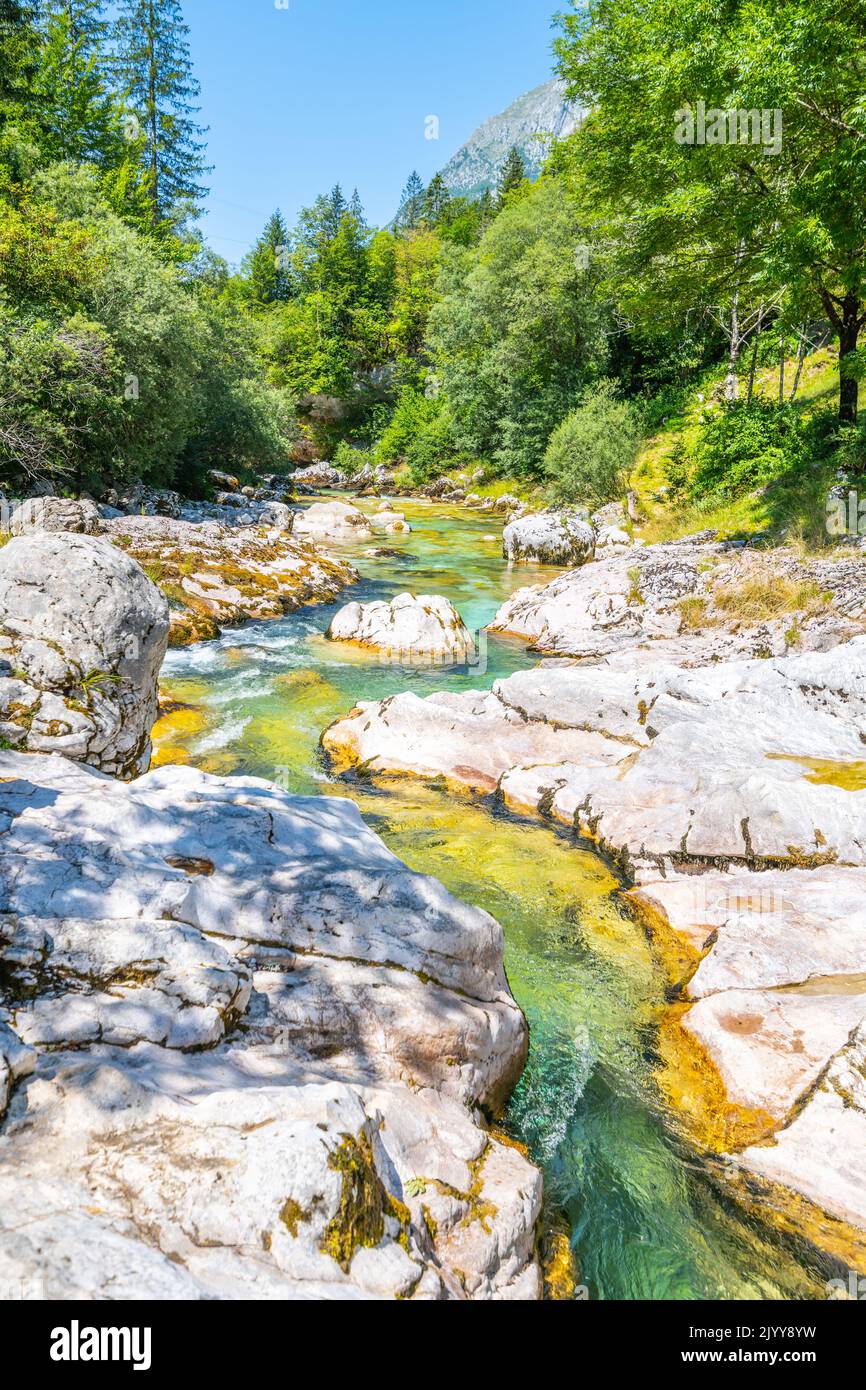 Clear water of Soca River at Small Soca Gorge Stock Photo