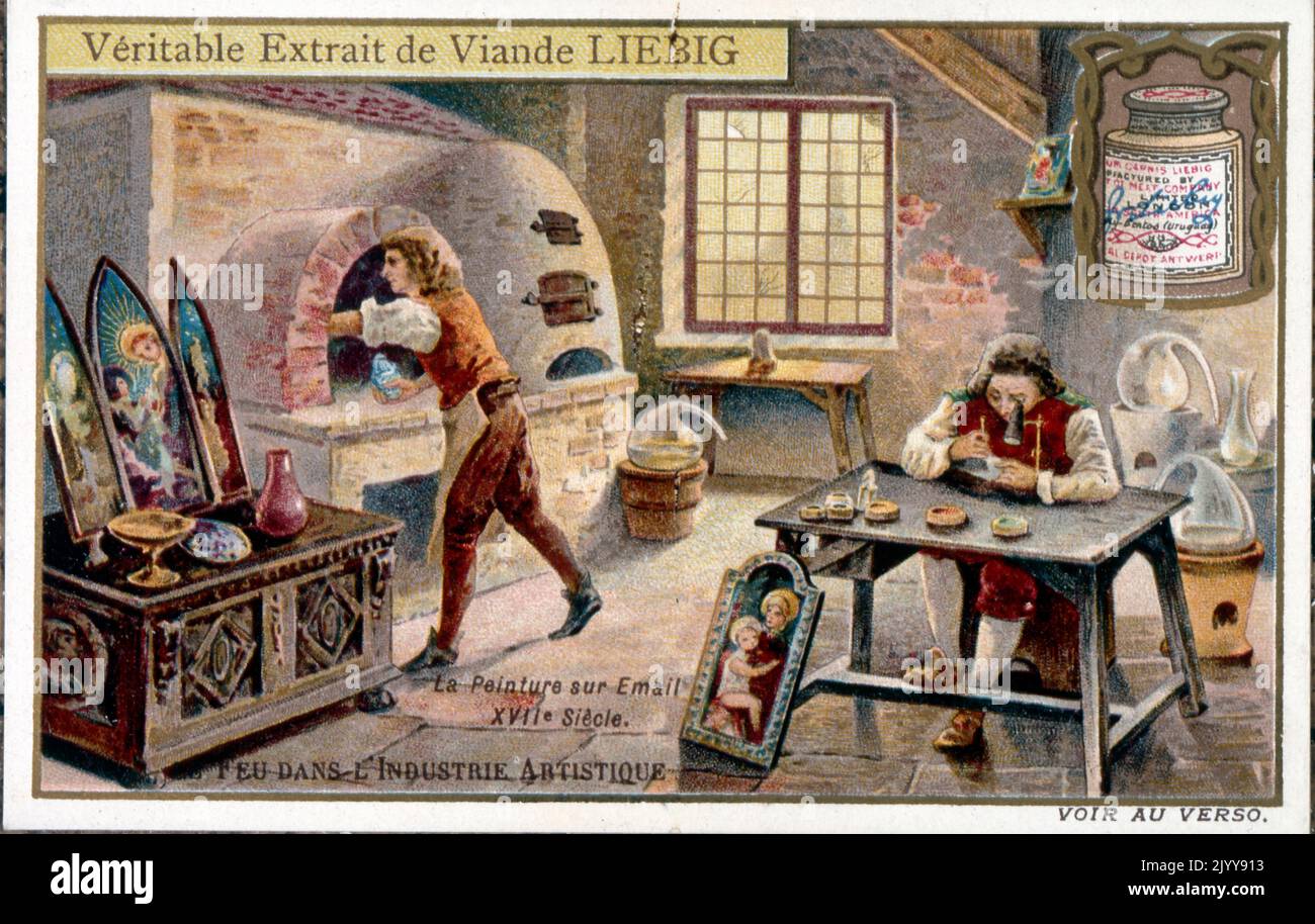 Advertisement for Liebig products; artisans at work firing clay objects. Stock Photo