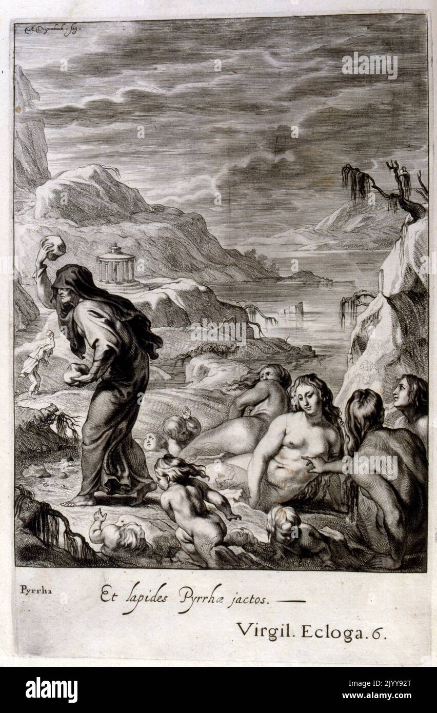 Black and white Illustration taken from Virgil's Eclogue 6 of Pyrrha. Stock Photo