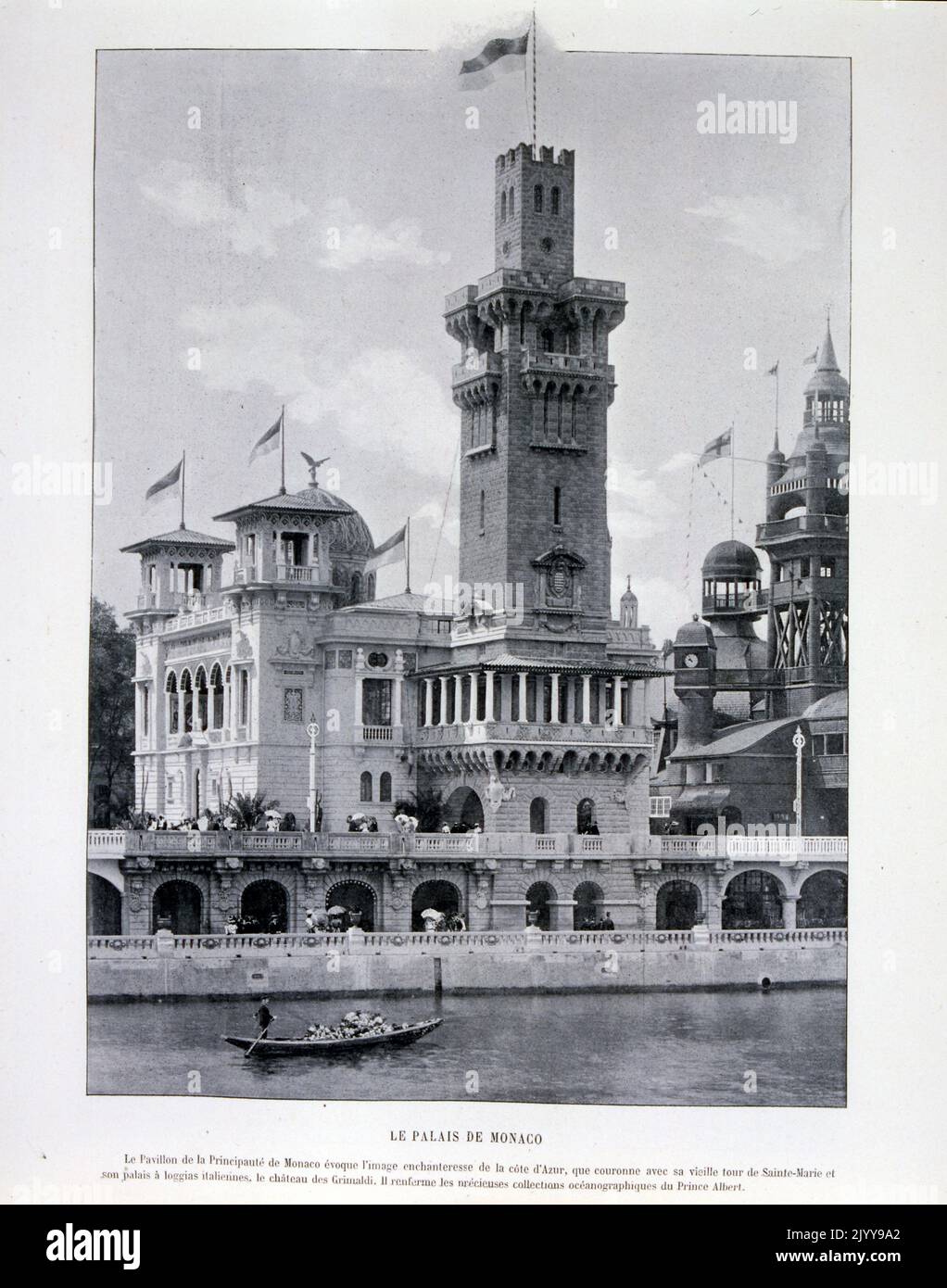 Exposition Universelle (World Fair) Paris, 1900; The Exposition Universelle of 1900, better known in English as the 1900 Paris Exposition, was a world's fair held in Paris, France, from 14 April to 12 November 1900, to celebrate the achievements of the past century and to accelerate development into the next. The style that was universally present in the Exposition was Art Nouveau. The fair, visited by nearly 50 million, displayed many technological innovations; black and white photograph of the Palace of Monoco Pavillion. Stock Photo