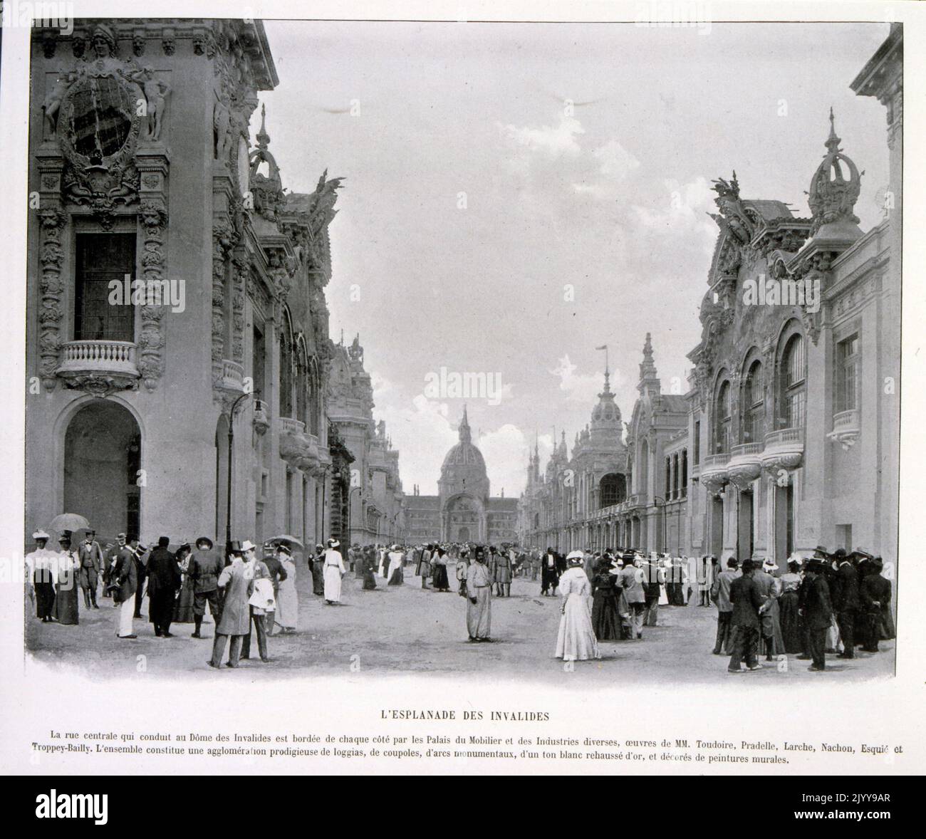 Exposition Universelle (World Fair) Paris, 1900; The Exposition Universelle of 1900, better known in English as the 1900 Paris Exposition, was a world's fair held in Paris, France, from 14 April to 12 November 1900, to celebrate the achievements of the past century and to accelerate development into the next. The style that was universally present in the Exposition was Art Nouveau. The fair, visited by nearly 50 million, displayed many technological innovations; black and white photograph of the Esplanade des Invalides. Stock Photo