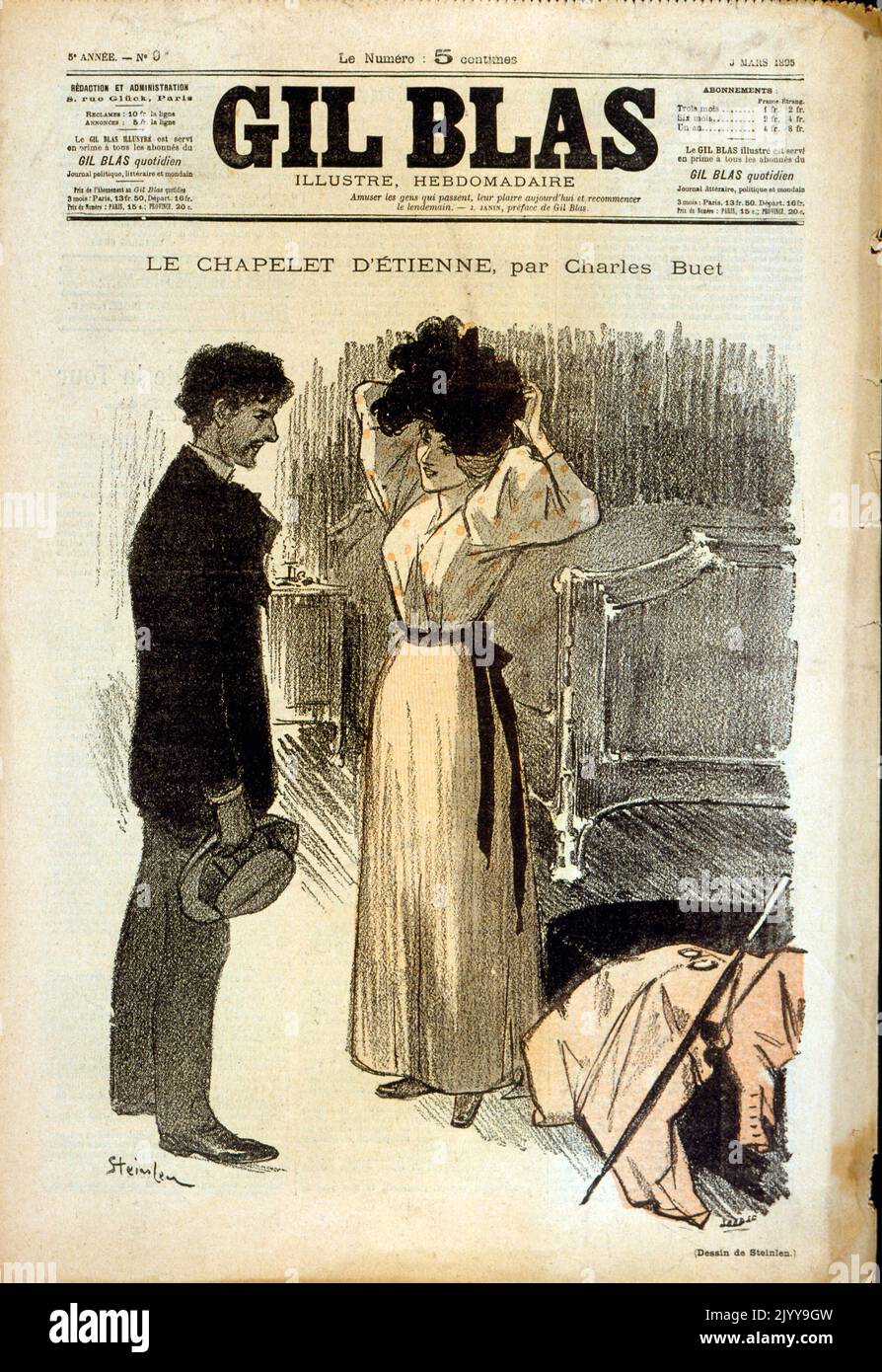 Black and white Illustration of a lady and gentleman standing in a bedroom. Headline 'Le Chapelet d'Etienne' by Charles Bouet. Illustration by Steinlen. Dated 3 March 1905. Stock Photo