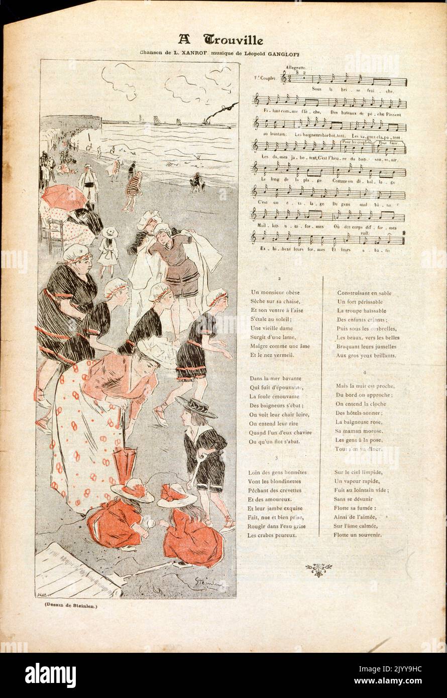 Coloured illustrated music score called 'Atrouville'. Lyrics by L Xanrop and music by Leopold Ganglops. People at the beach. From 'In the streets: Songs and Monologues' of Aristide Bruant (1851-1925). Stock Photo
