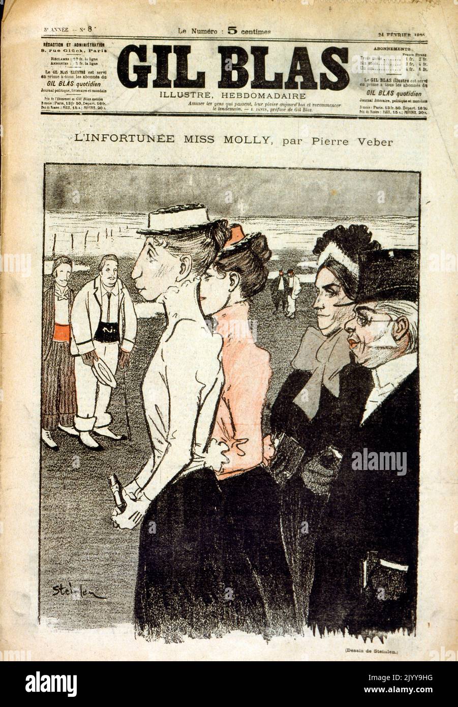 Coloured Illustration by Steinlen of a young lady walking on the beach ...