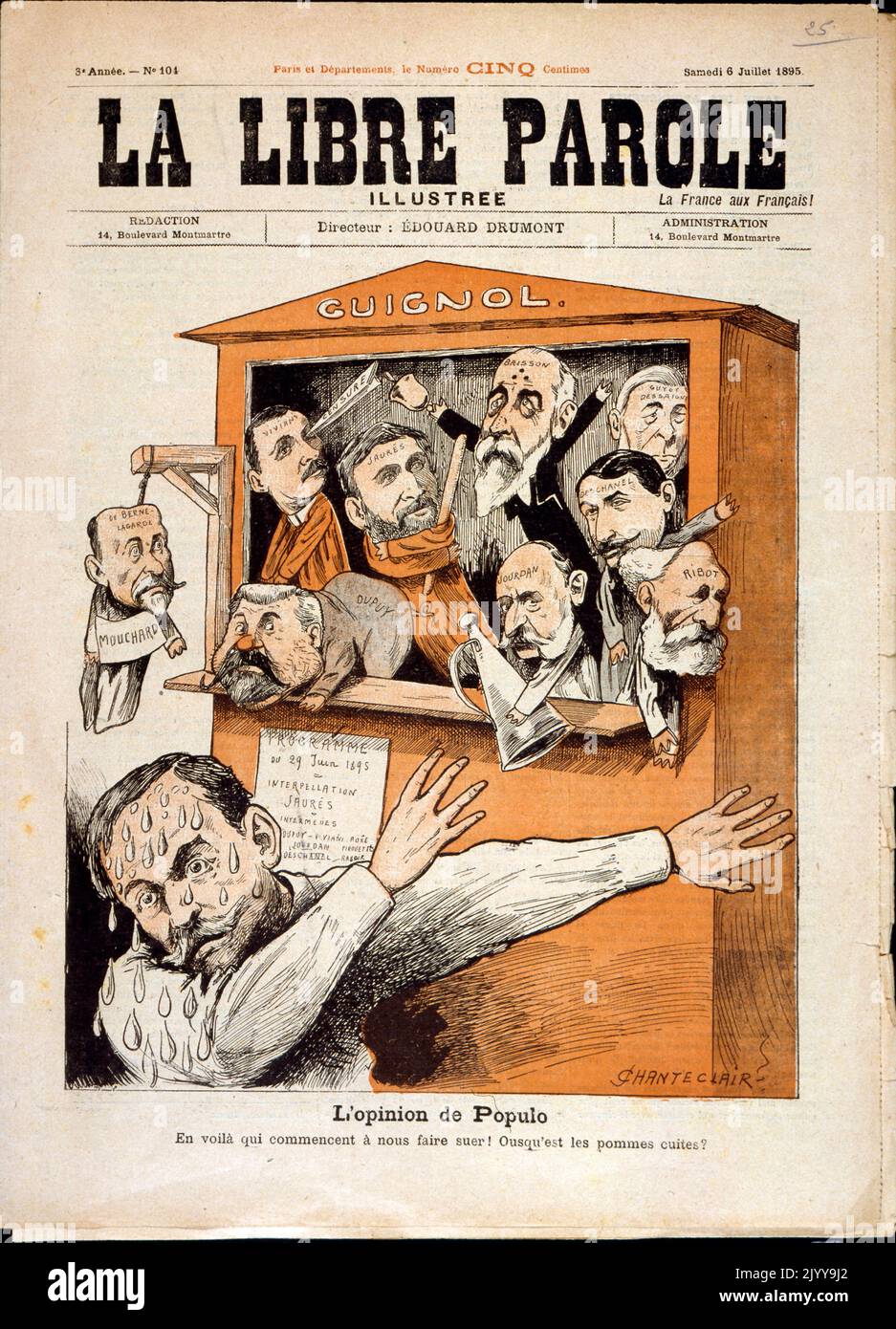 Coloured Illustration of a Punch and Judy show with puppet heads of politicians entitled 'The opinion of the population'. Illustrated by Chanteclair. Dated 6 July 1895. Stock Photo